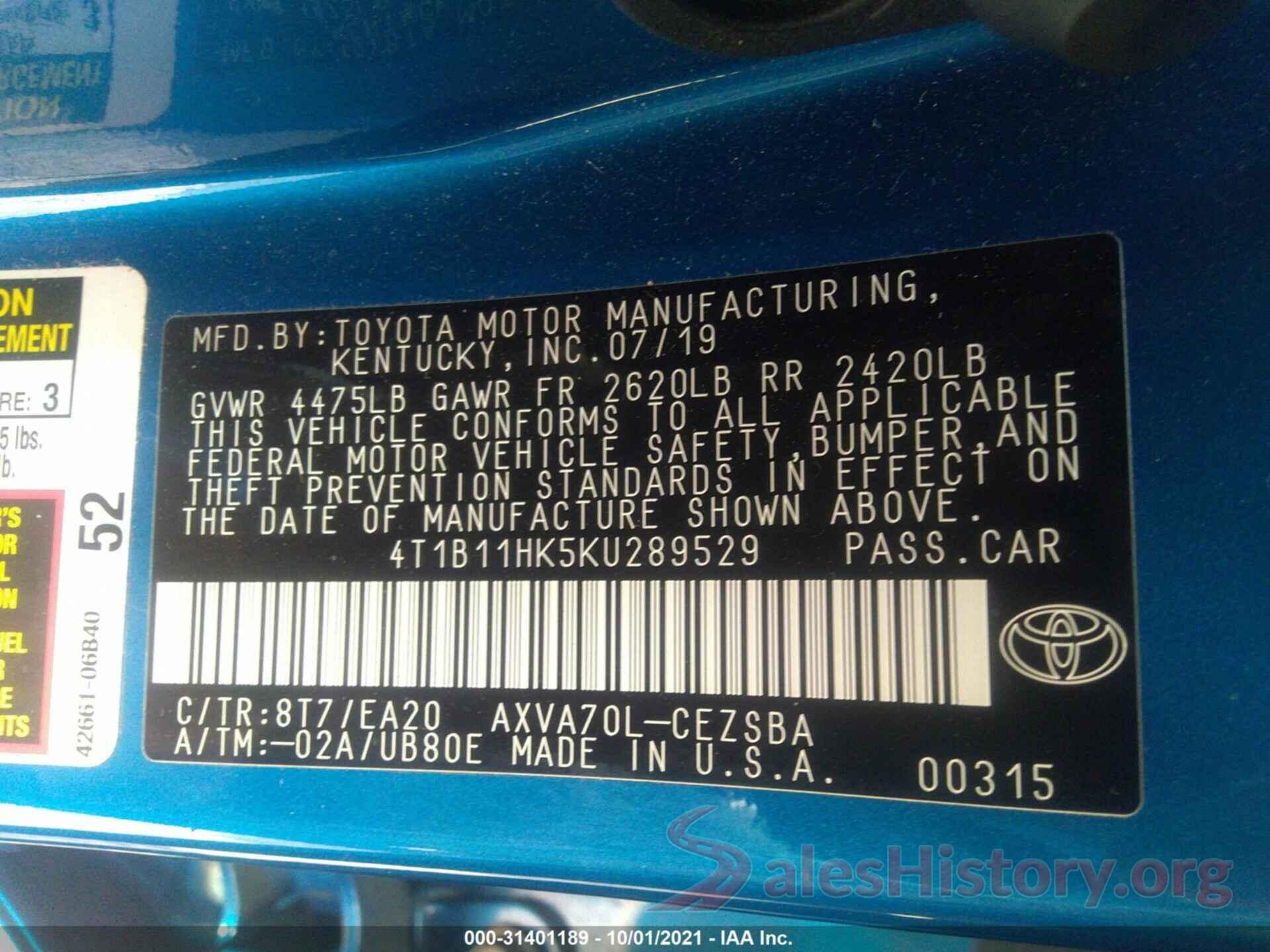 4T1B11HK5KU289529 2019 TOYOTA CAMRY