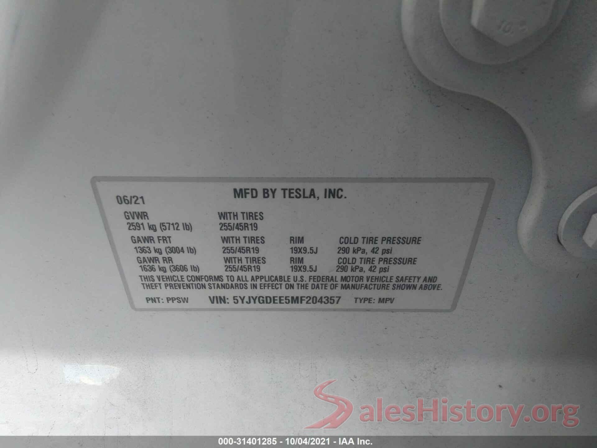 5YJYGDEE5MF204357 2021 TESLA MODEL Y