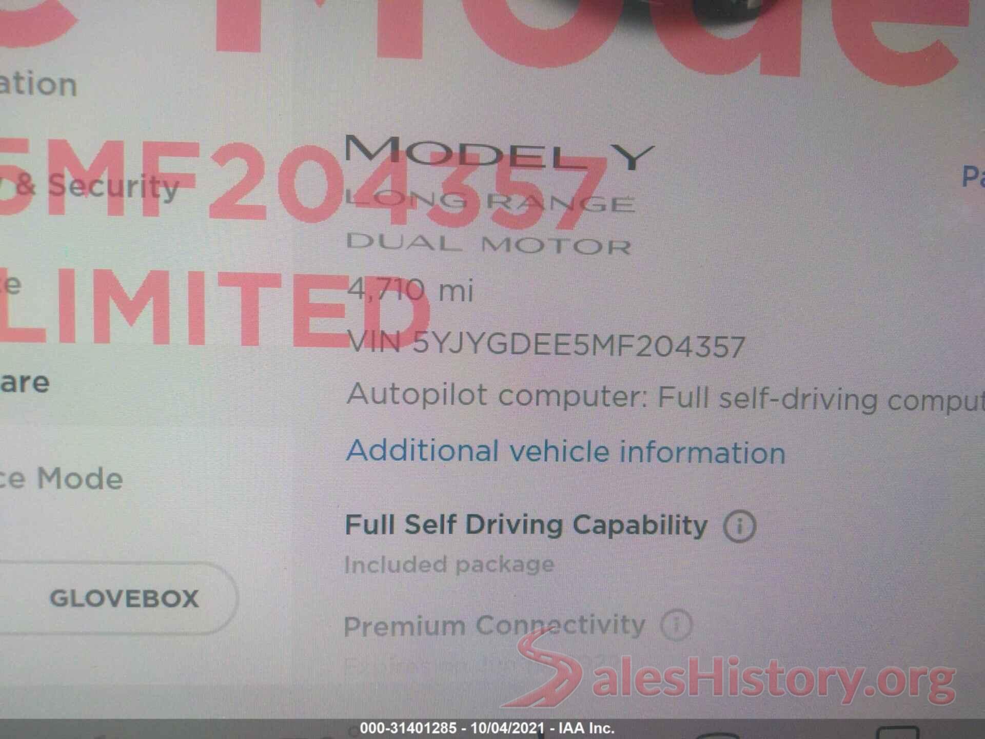 5YJYGDEE5MF204357 2021 TESLA MODEL Y