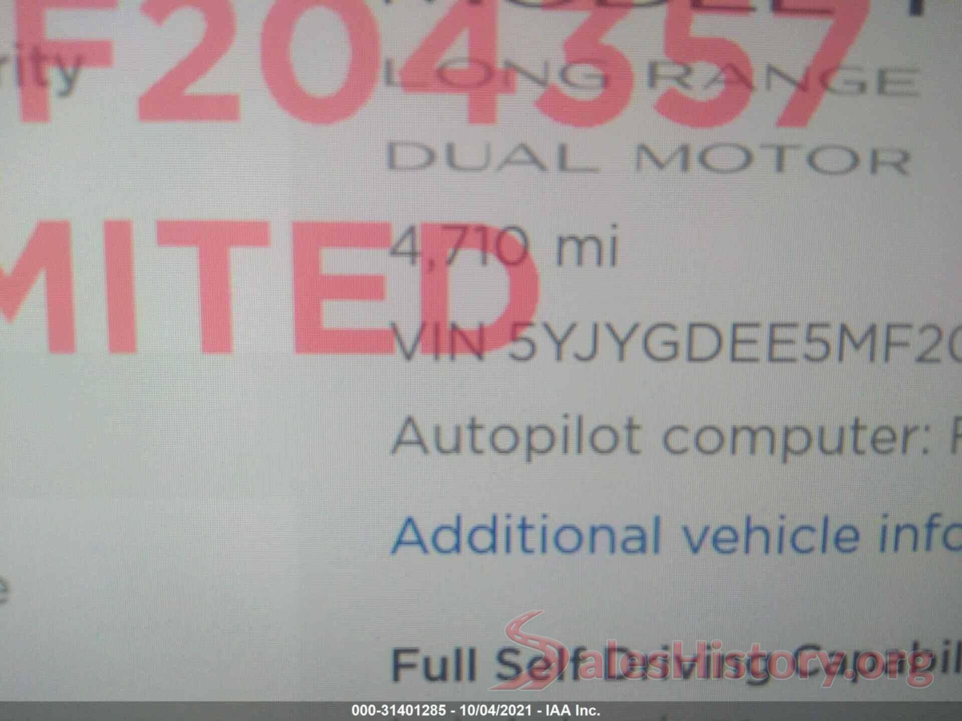 5YJYGDEE5MF204357 2021 TESLA MODEL Y