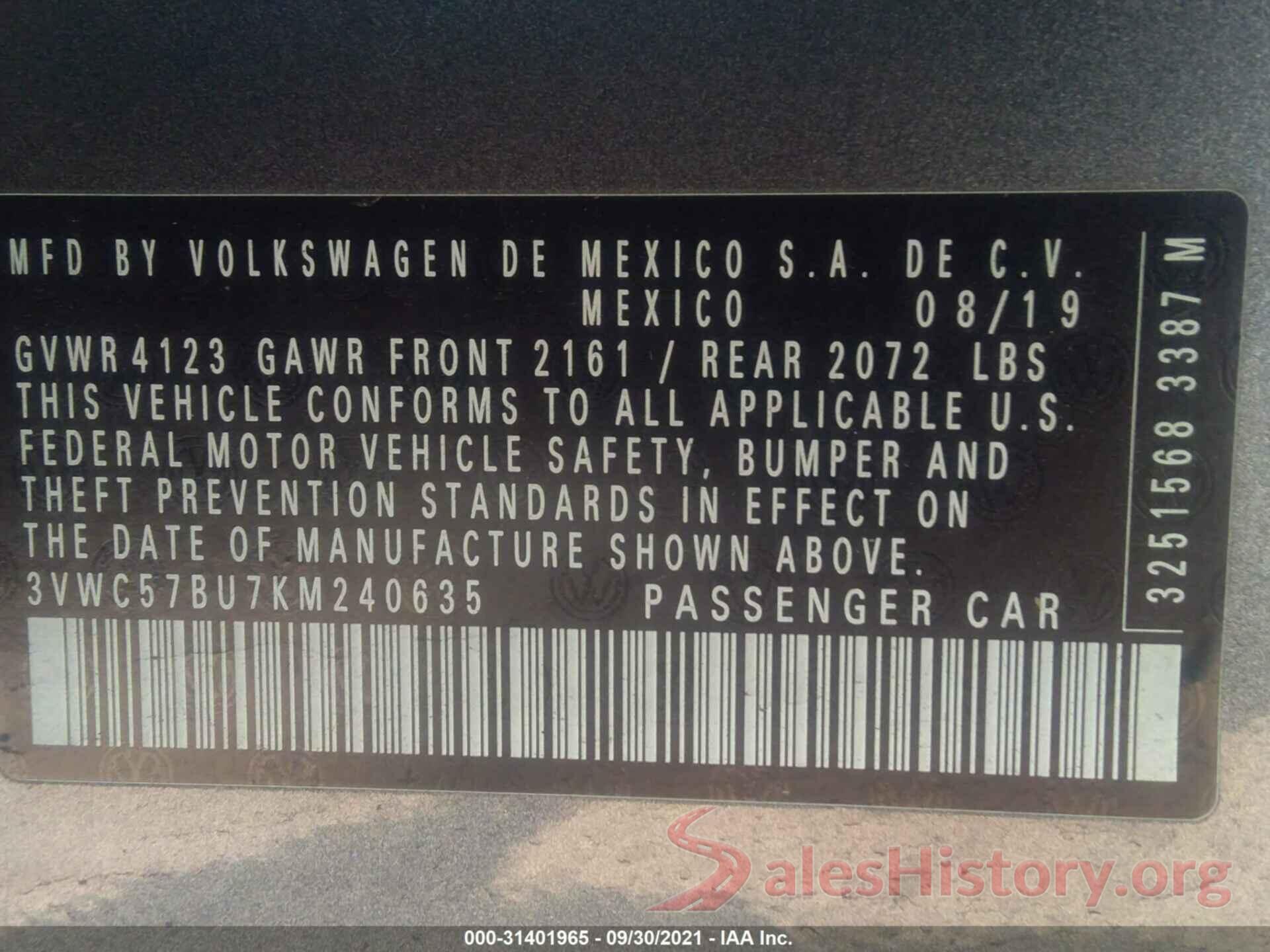 3VWC57BU7KM240635 2019 VOLKSWAGEN JETTA