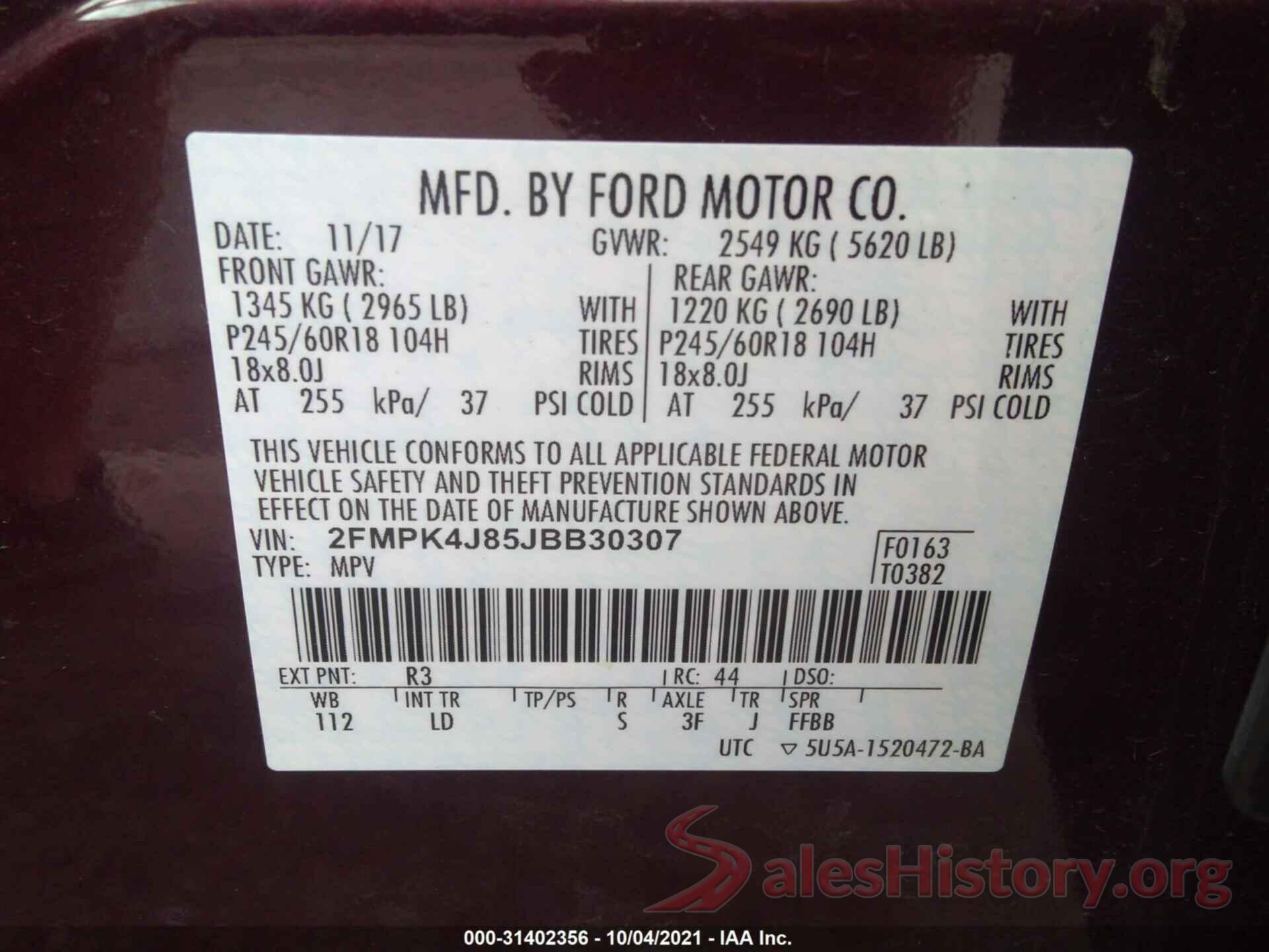 2FMPK4J85JBB30307 2018 FORD EDGE