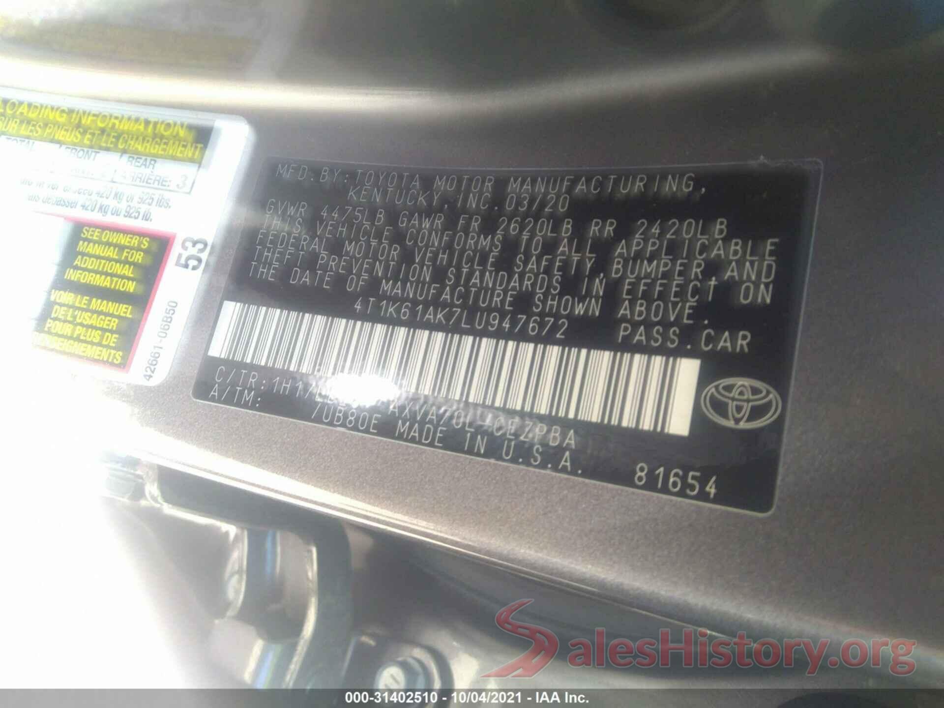 4T1K61AK7LU947672 2020 TOYOTA CAMRY