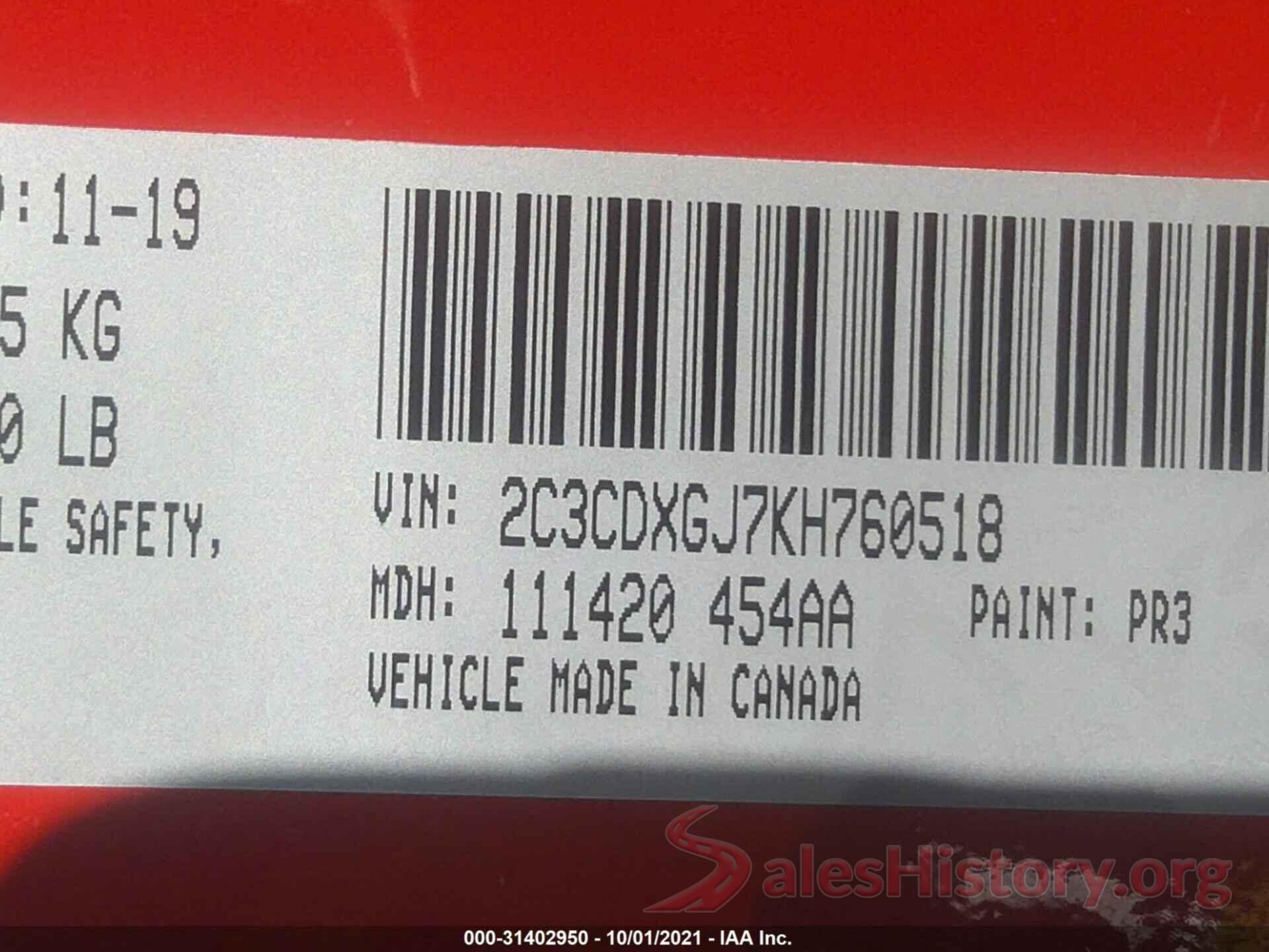 2C3CDXGJ7KH760518 2019 DODGE CHARGER