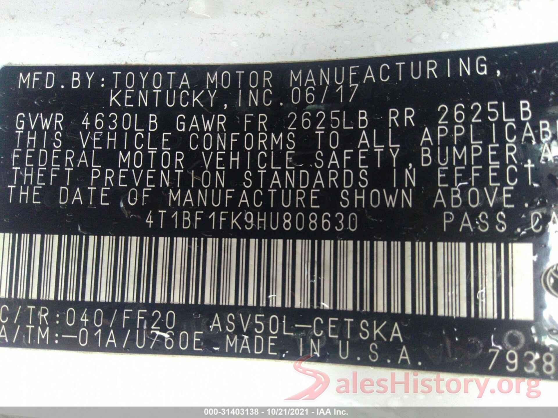 4T1BF1FK9HU808630 2017 TOYOTA CAMRY