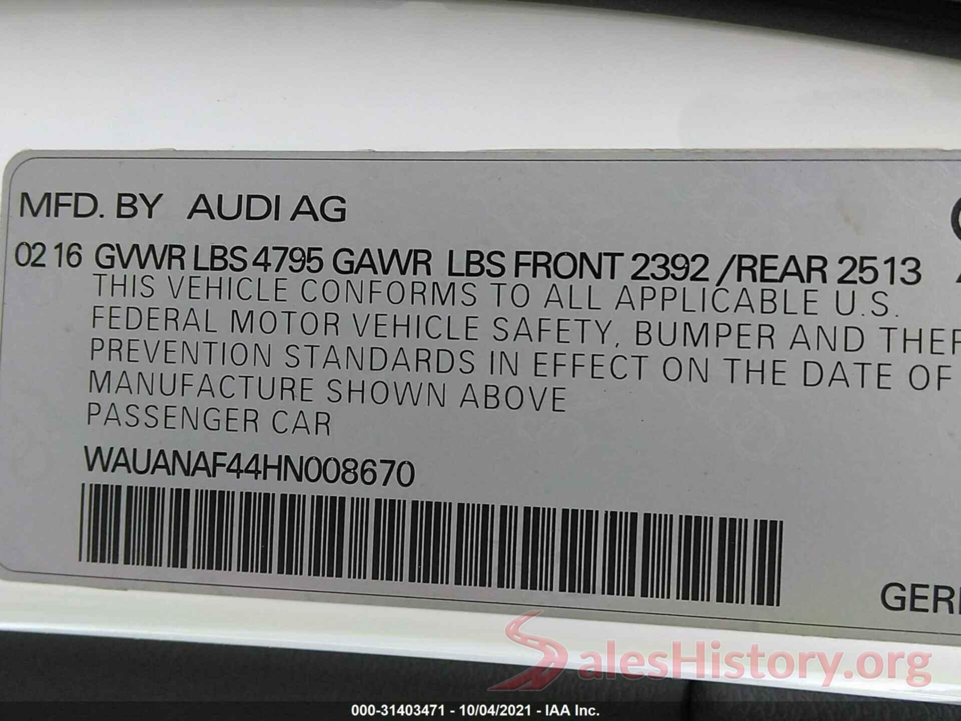 WAUANAF44HN008670 2017 AUDI A4