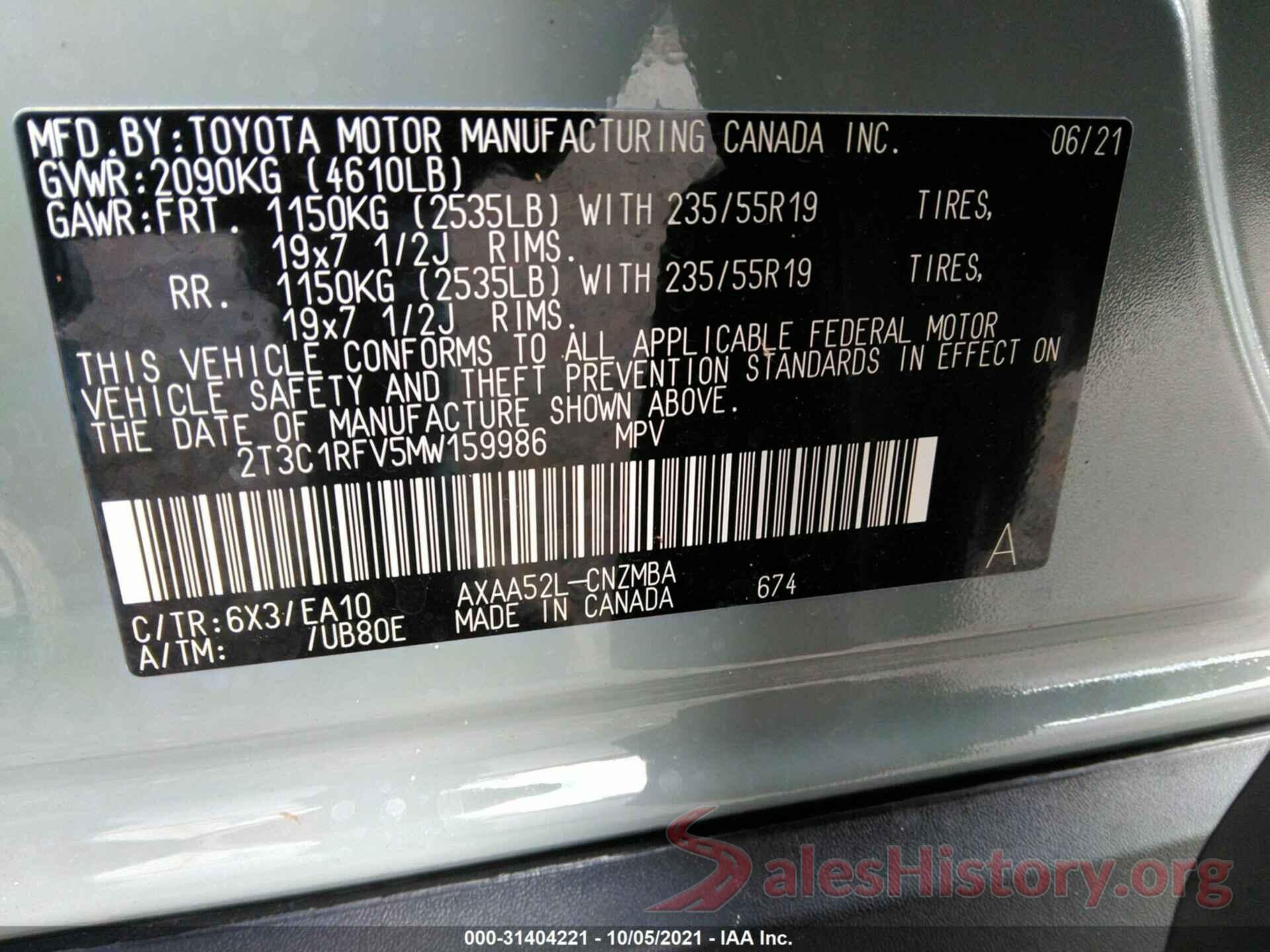 2T3C1RFV5MW159986 2021 TOYOTA RAV4