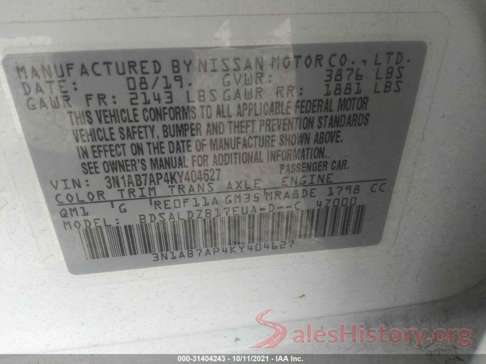 3N1AB7AP4KY404627 2019 NISSAN SENTRA