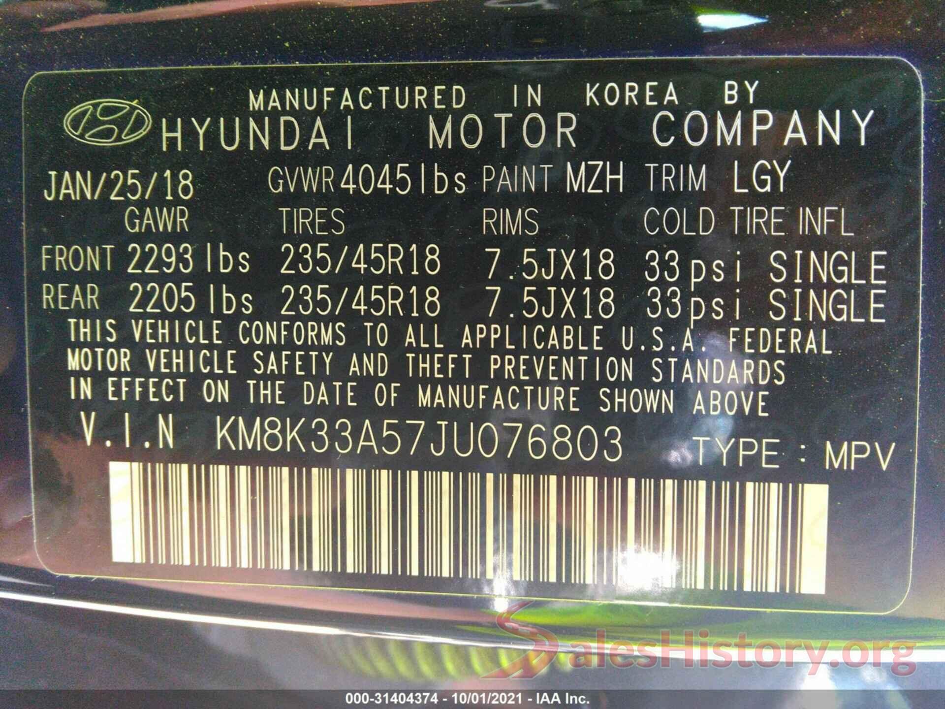 KM8K33A57JU076803 2018 HYUNDAI KONA