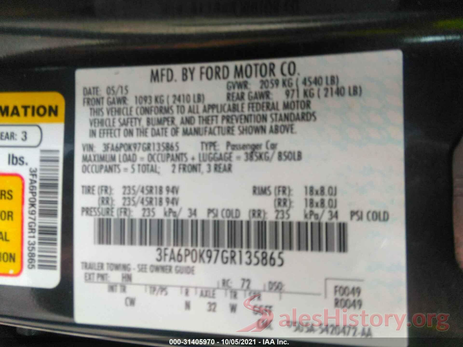 3FA6P0K97GR135865 2016 FORD FUSION