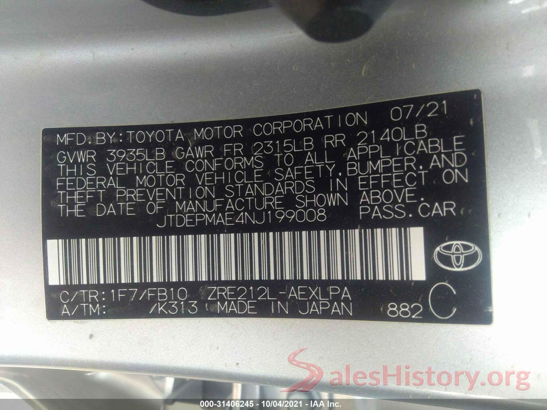 JTDEPMAE4NJ199008 2022 TOYOTA COROLLA