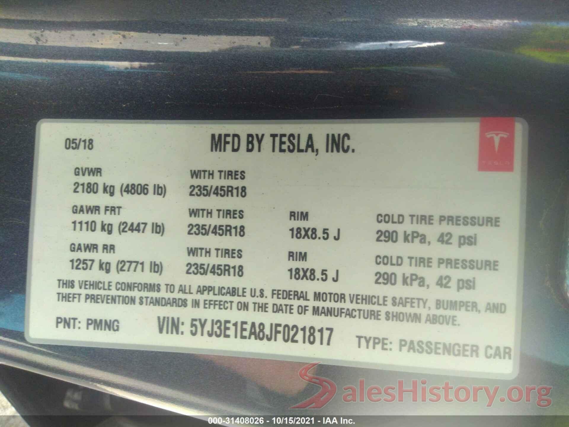 5YJ3E1EA8JF021817 2018 TESLA MODEL 3