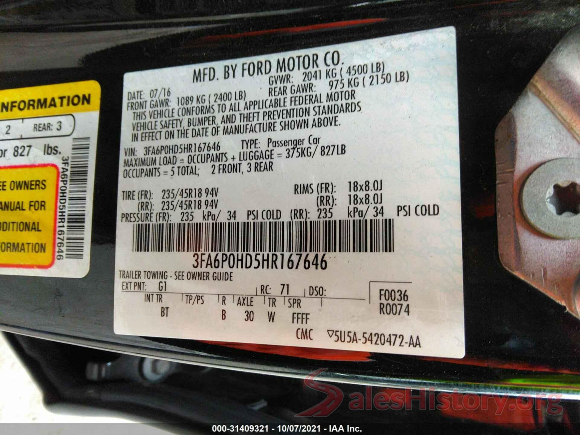 3FA6P0HD5HR167646 2017 FORD FUSION