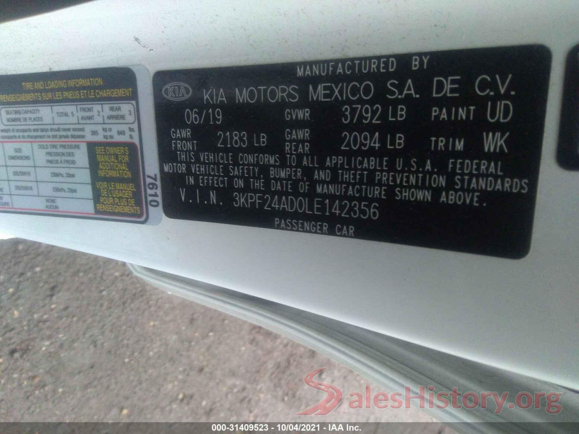 3KPF24AD0LE142356 2020 KIA FORTE