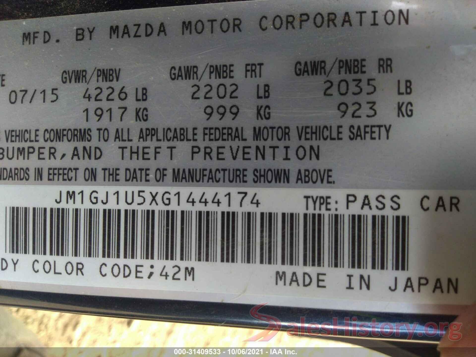 JM1GJ1U5XG1444174 2016 MAZDA MAZDA6