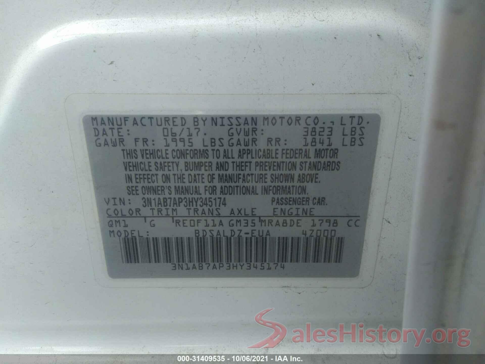 3N1AB7AP3HY345174 2017 NISSAN SENTRA