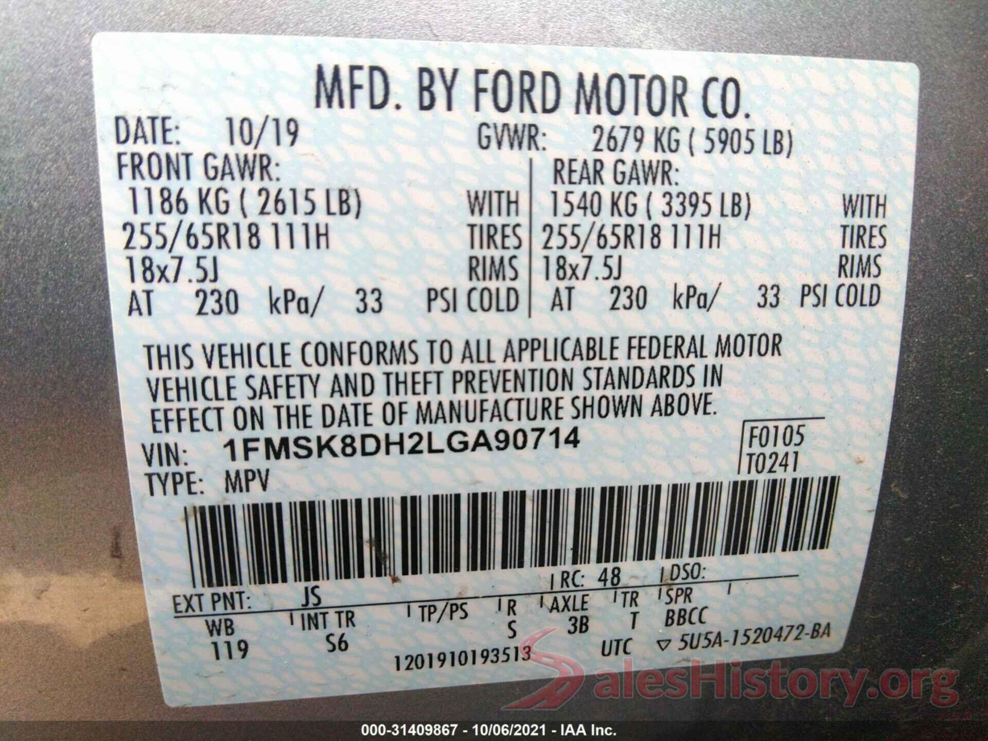 1FMSK8DH2LGA90714 2020 FORD EXPLORER