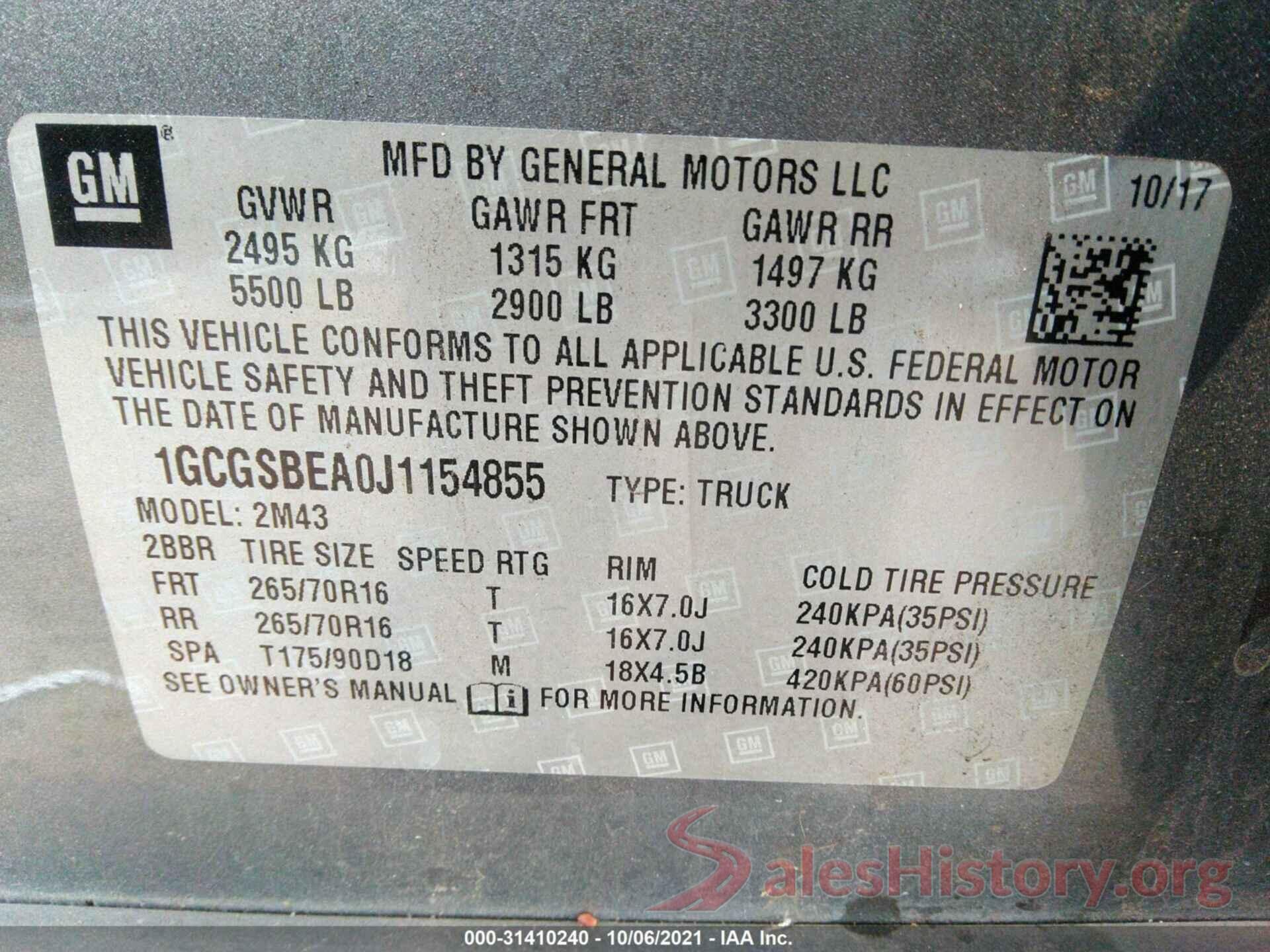 1GCGSBEA0J1154855 2018 CHEVROLET COLORADO