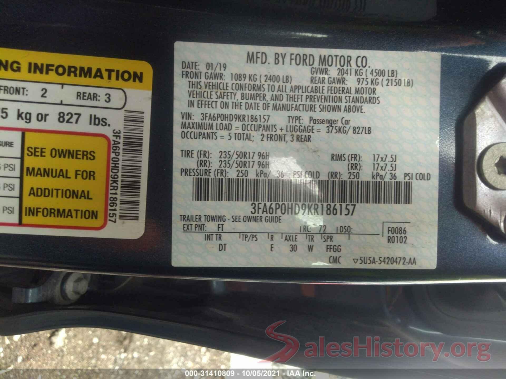 3FA6P0HD9KR186157 2019 FORD FUSION