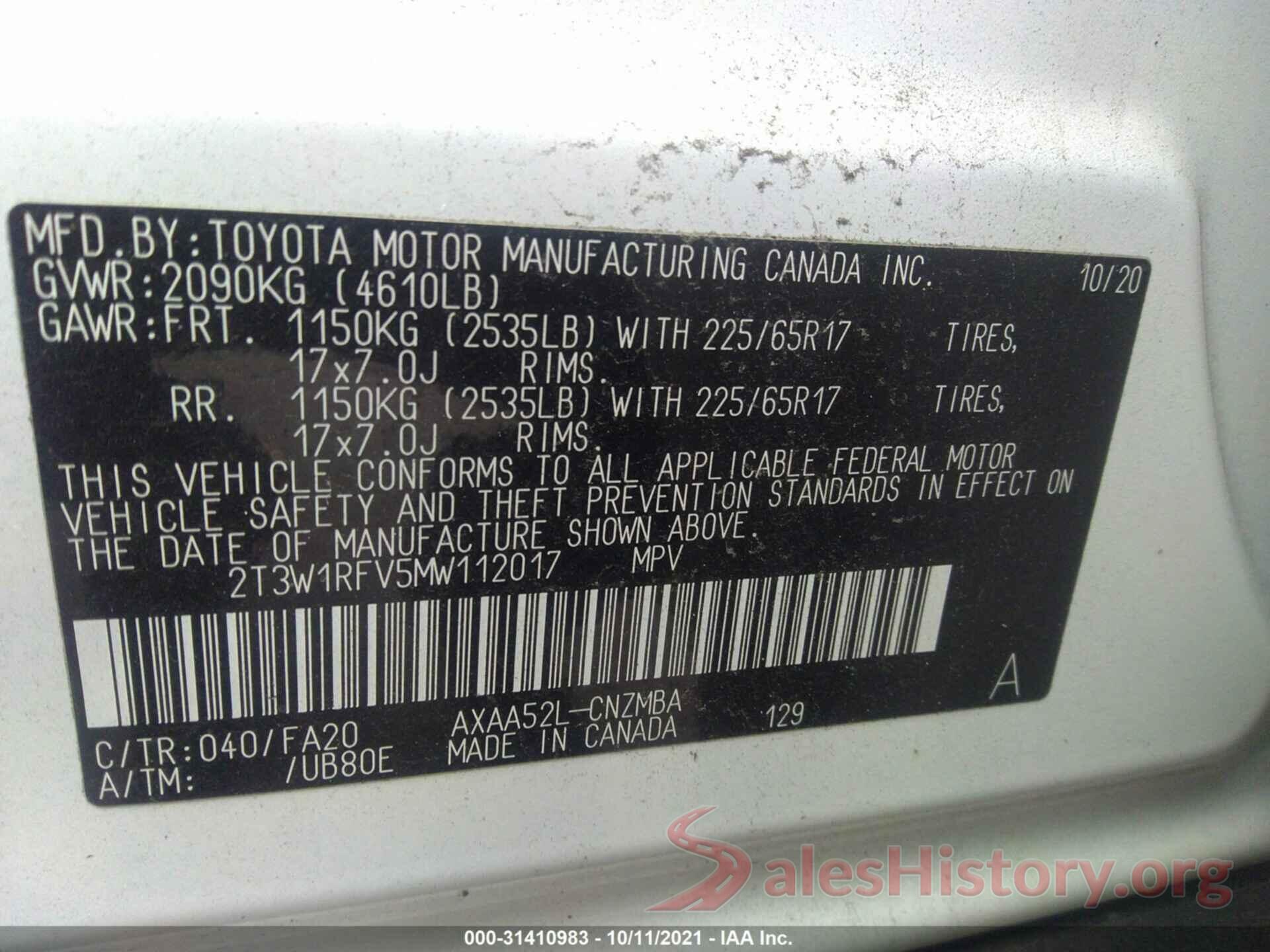 2T3W1RFV5MW112017 2021 TOYOTA RAV4