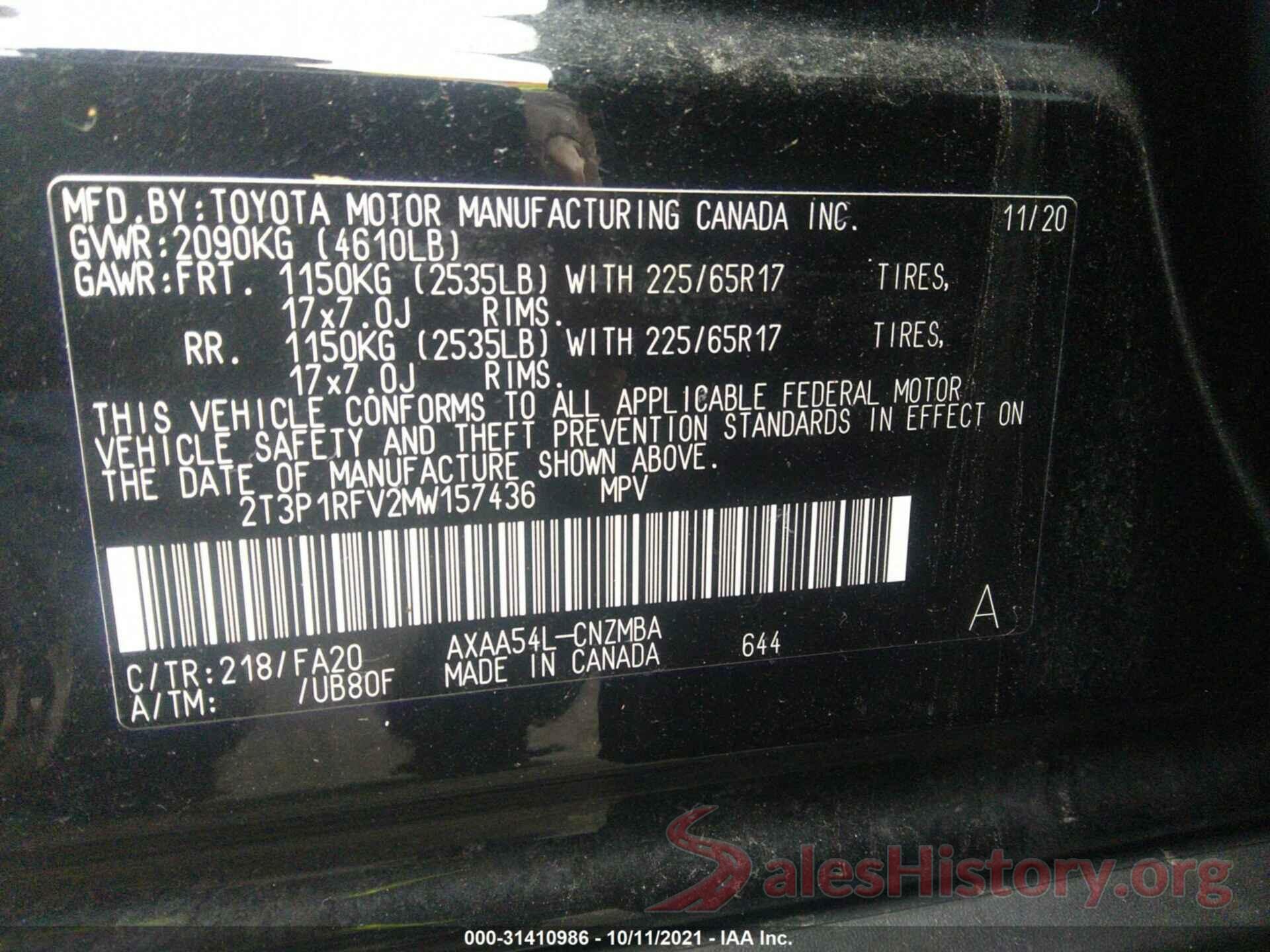 2T3P1RFV2MW157436 2021 TOYOTA RAV4