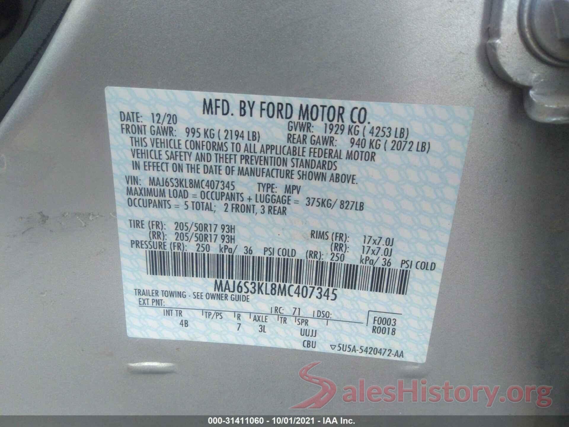 MAJ6S3KL8MC407345 2021 FORD ECOSPORT