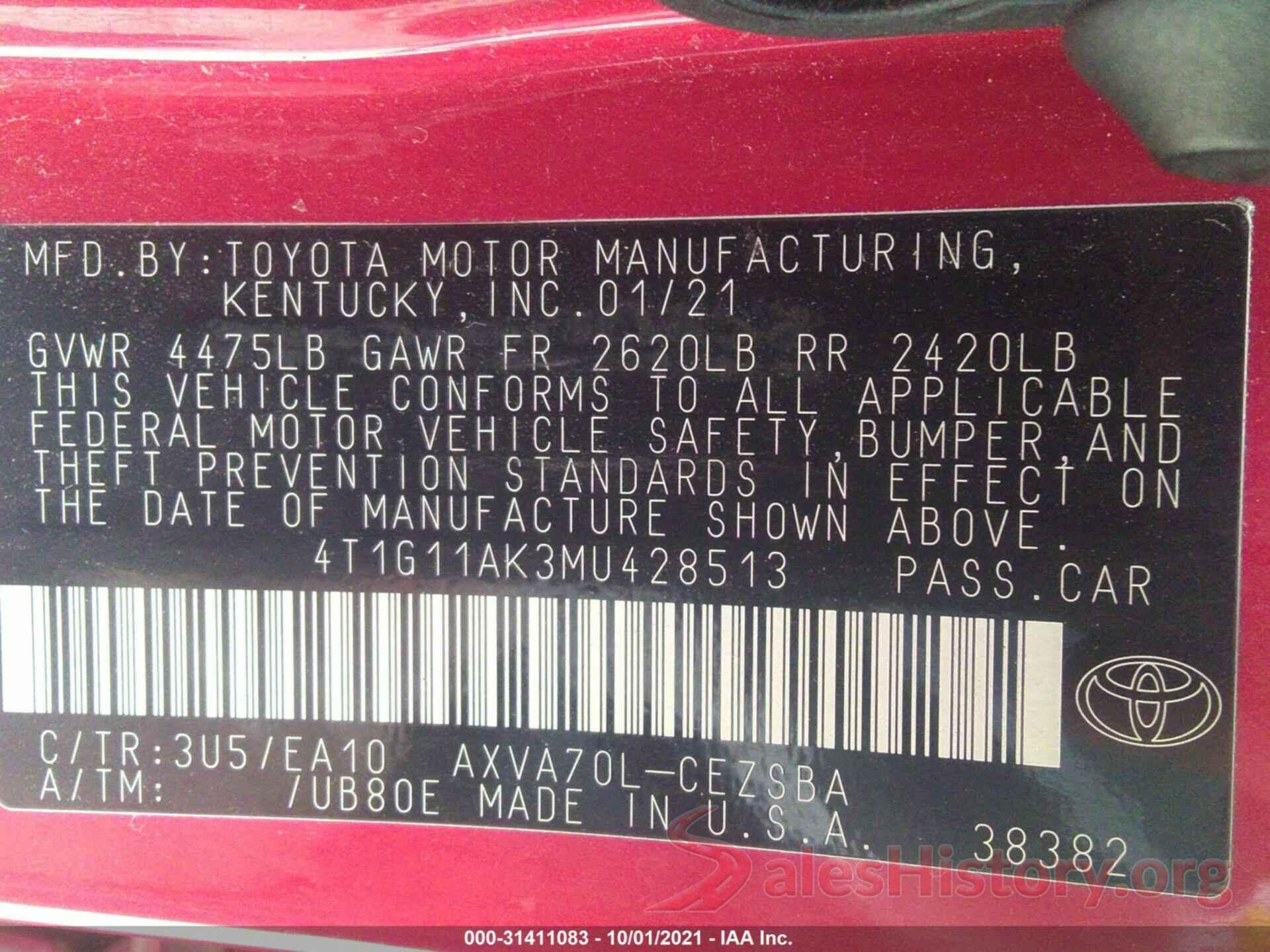 4T1G11AK3MU428513 2021 TOYOTA CAMRY