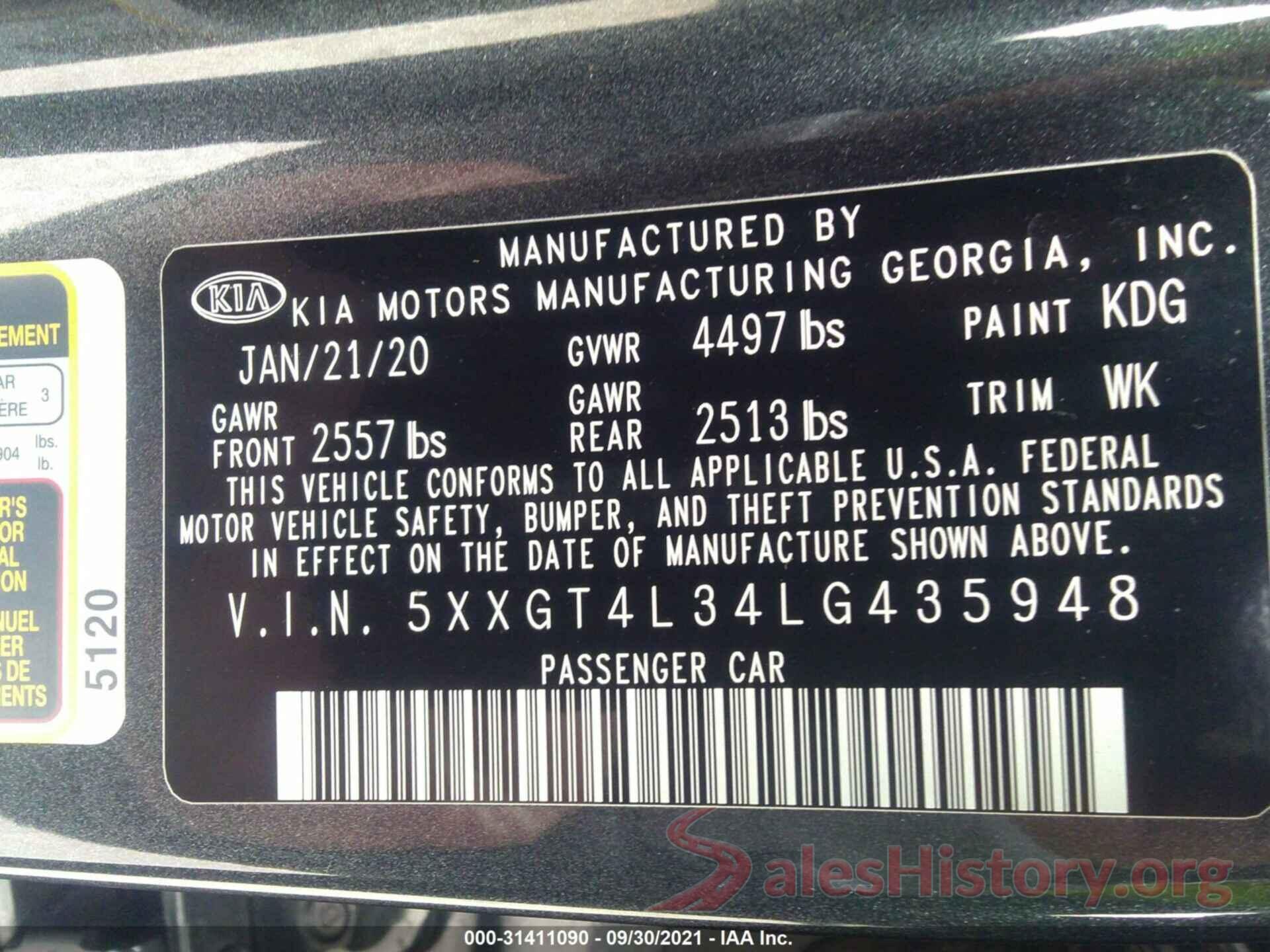 5XXGT4L34LG435948 2020 KIA OPTIMA