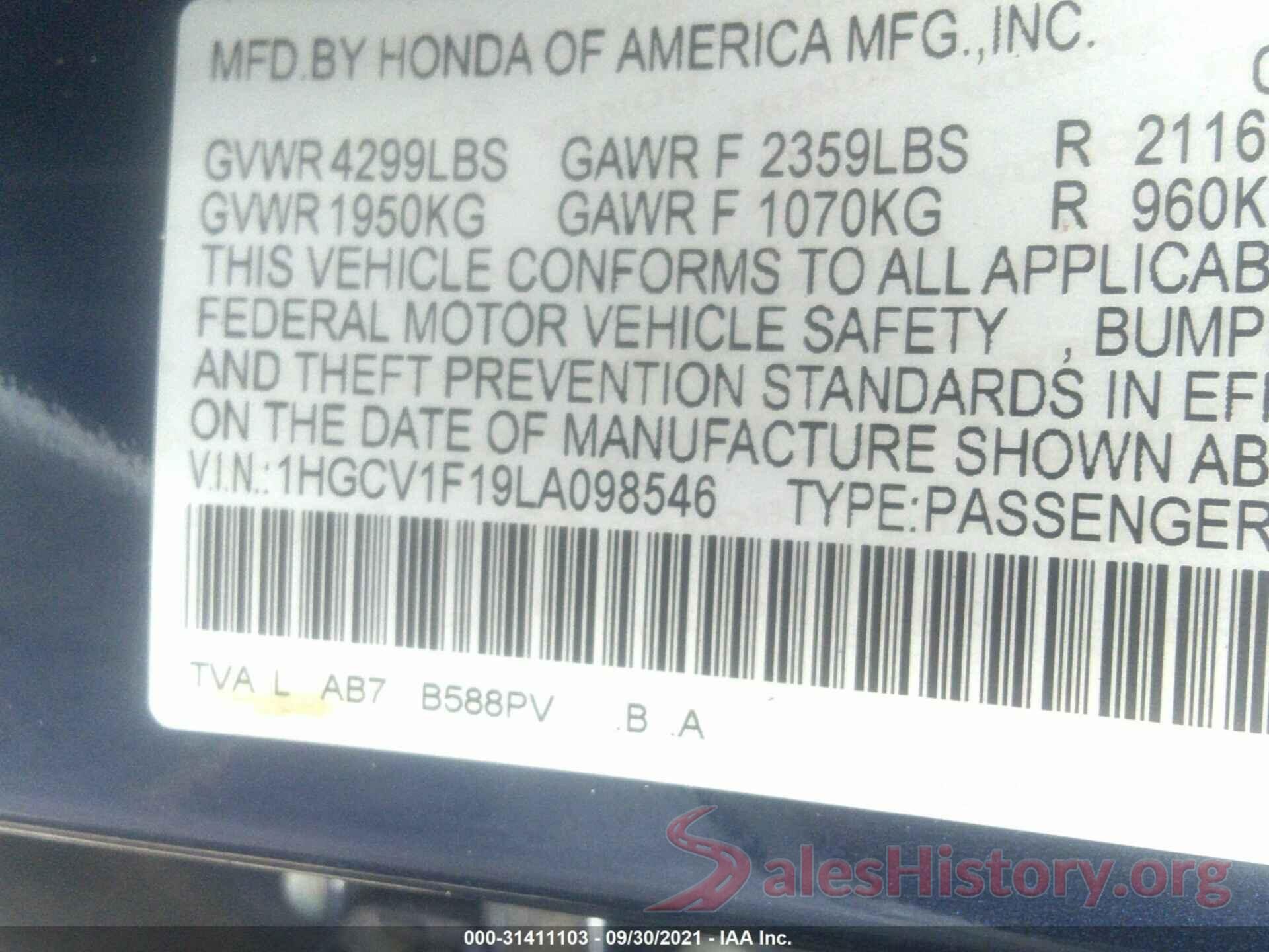 1HGCV1F19LA098546 2020 HONDA ACCORD SEDAN