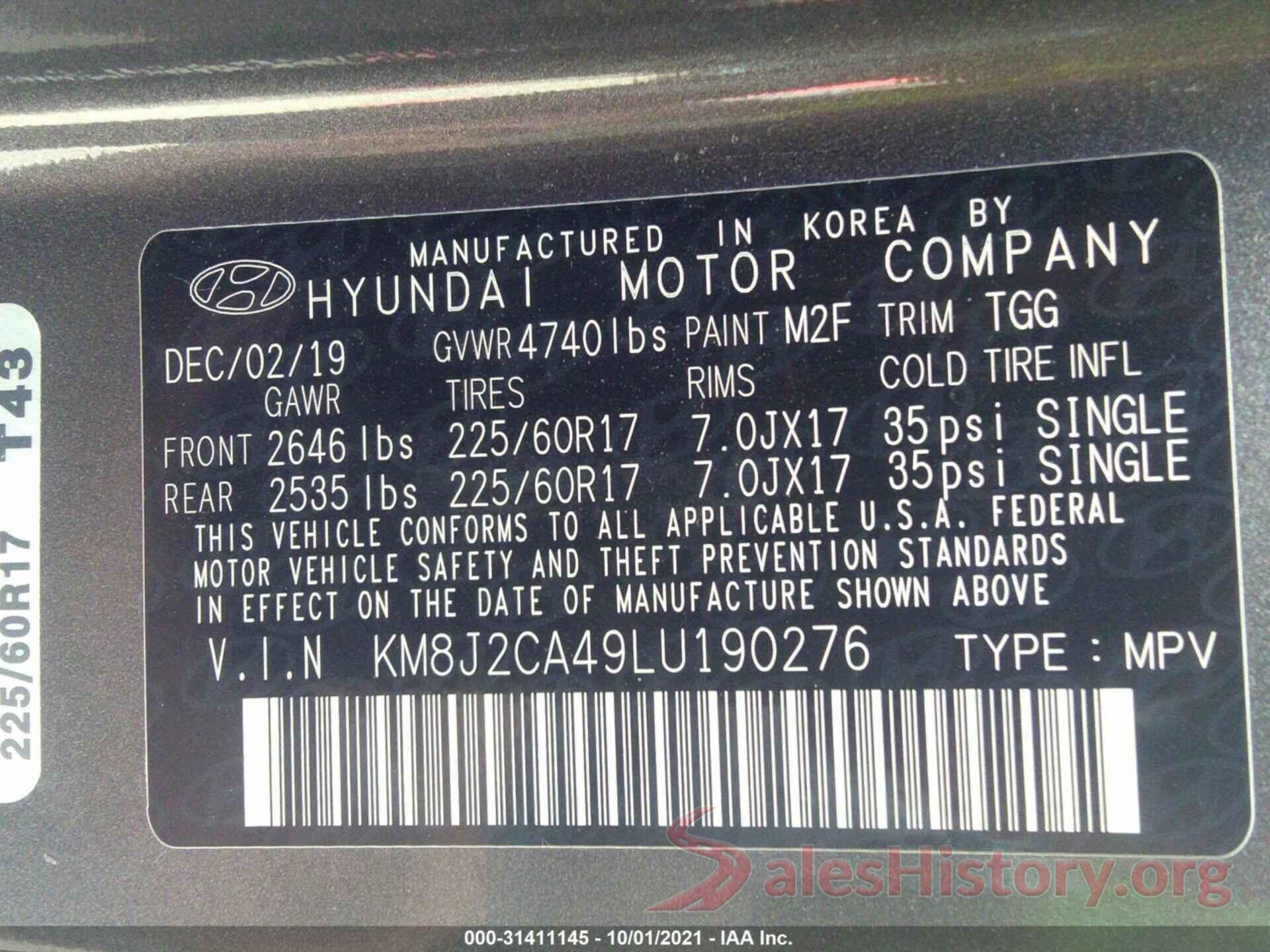 KM8J2CA49LU190276 2020 HYUNDAI TUCSON