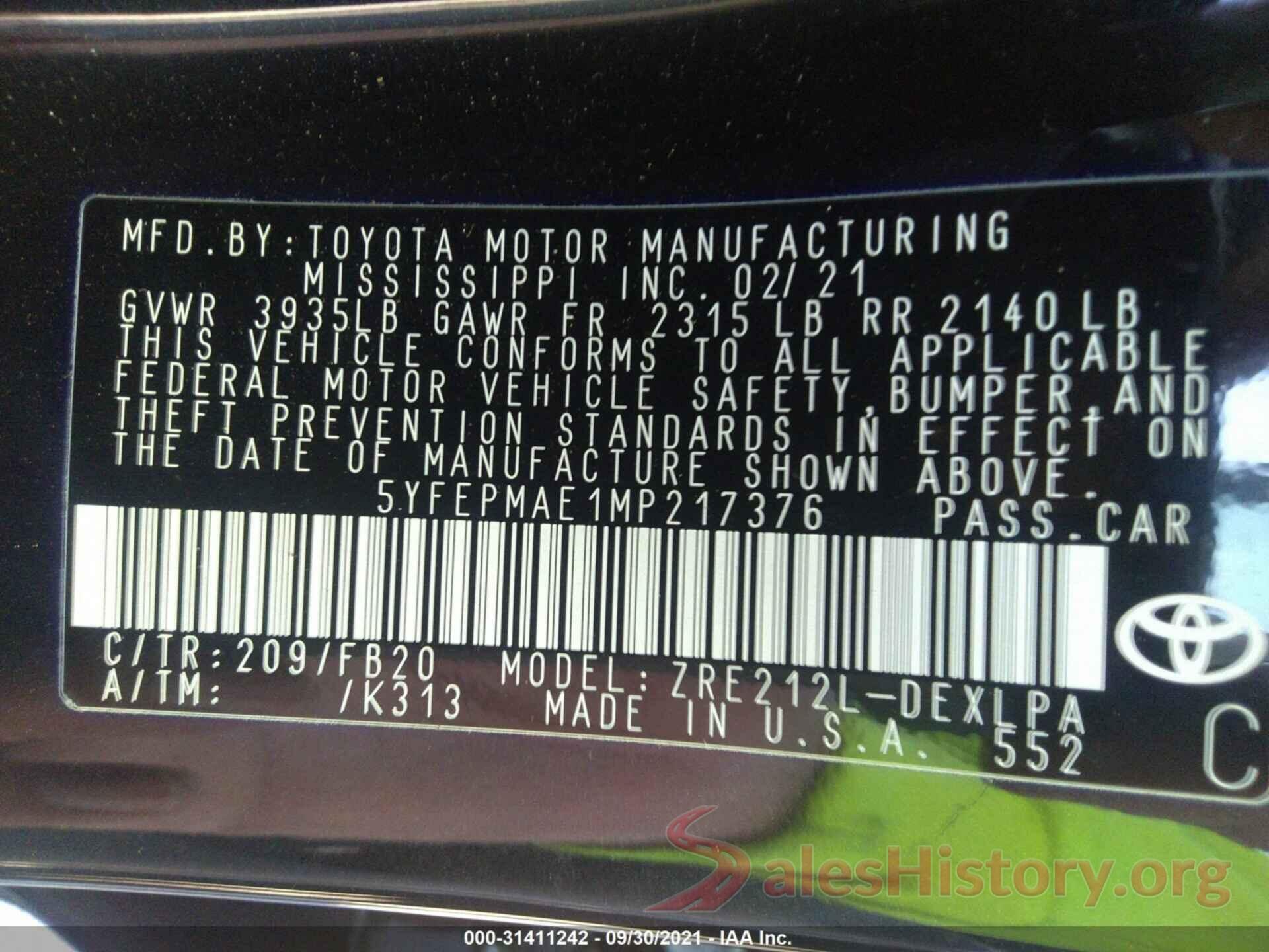 5YFEPMAE1MP217376 2021 TOYOTA COROLLA