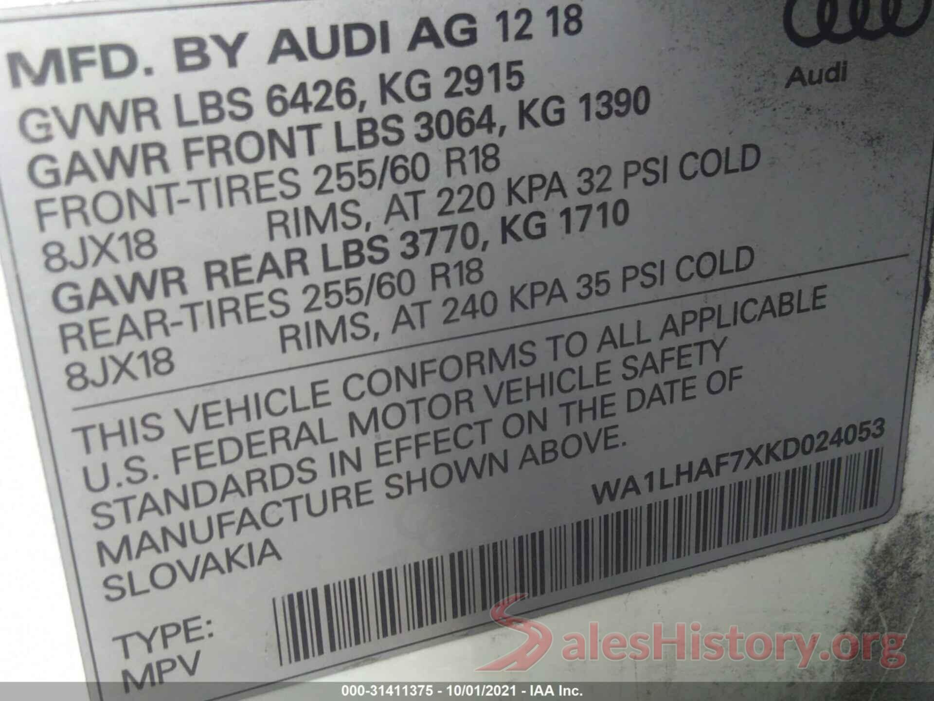 WA1LHAF7XKD024053 2019 AUDI Q7