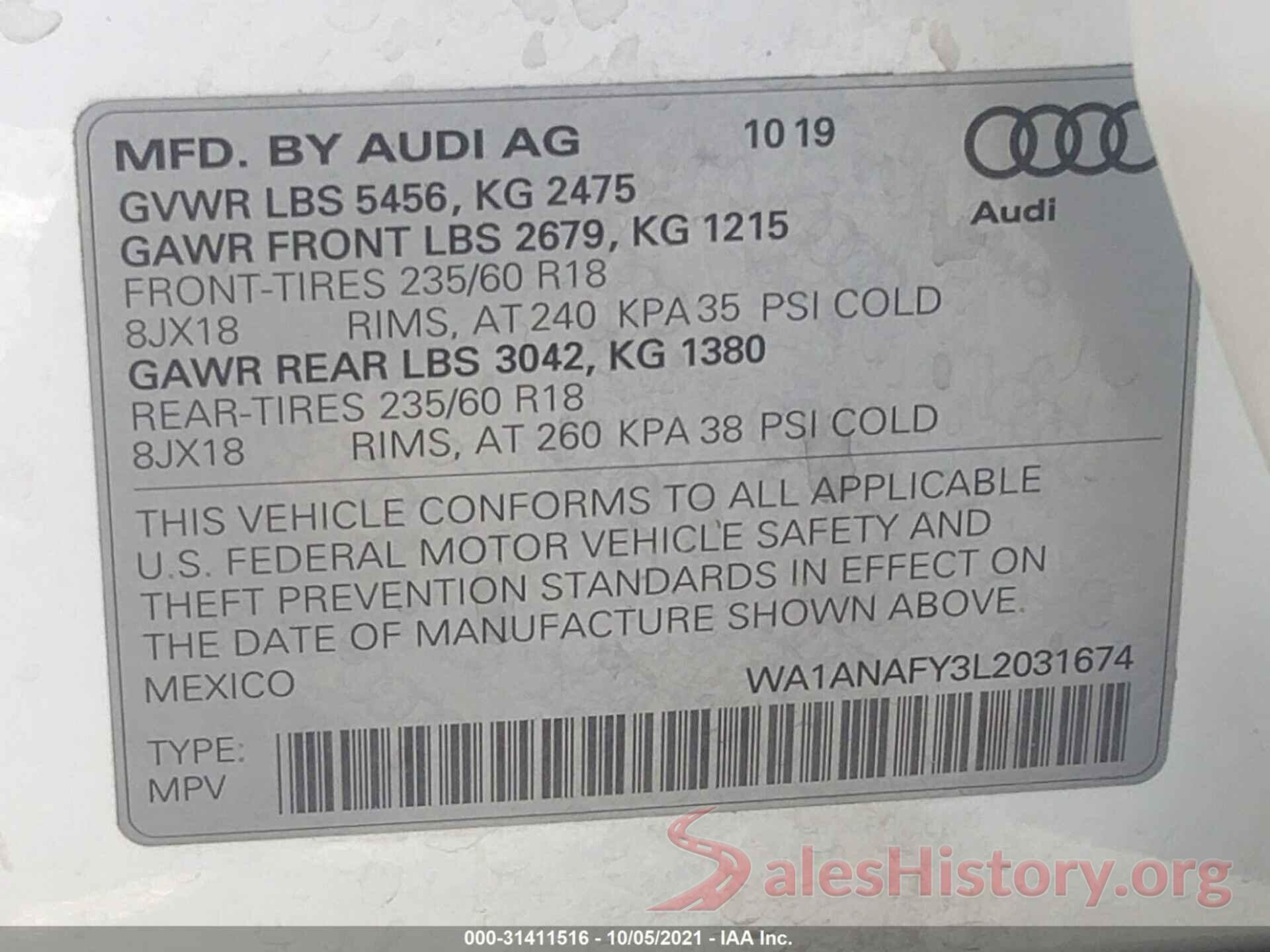 WA1ANAFY3L2031674 2020 AUDI Q5