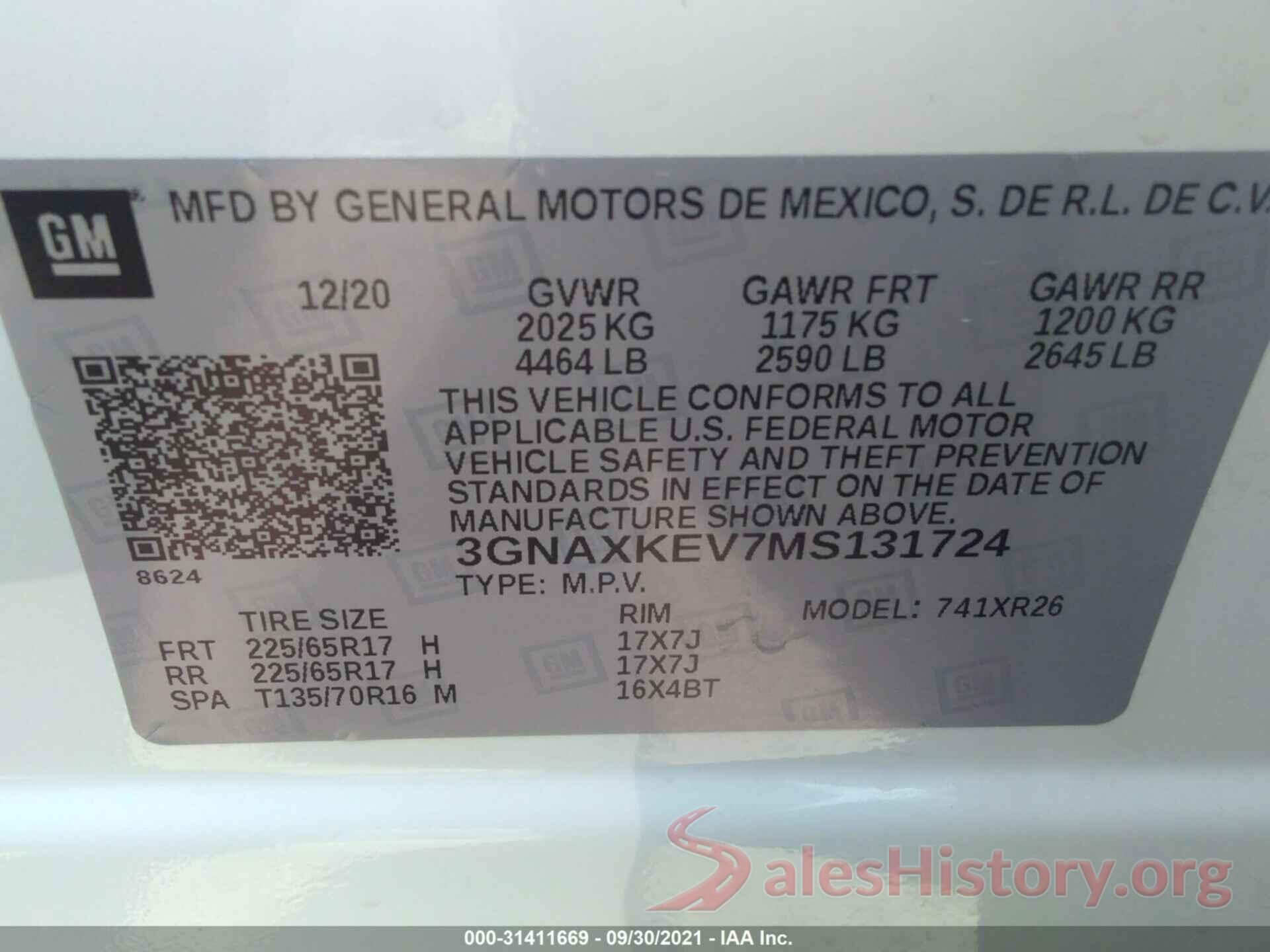 3GNAXKEV7MS131724 2021 CHEVROLET EQUINOX