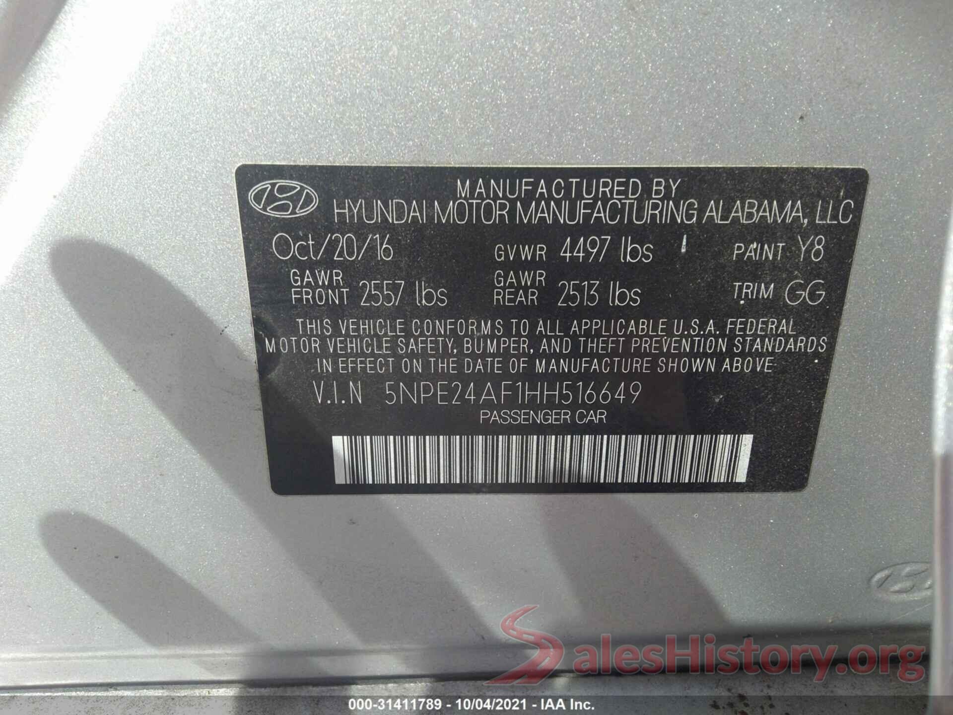 5NPE24AF1HH516649 2017 HYUNDAI SONATA