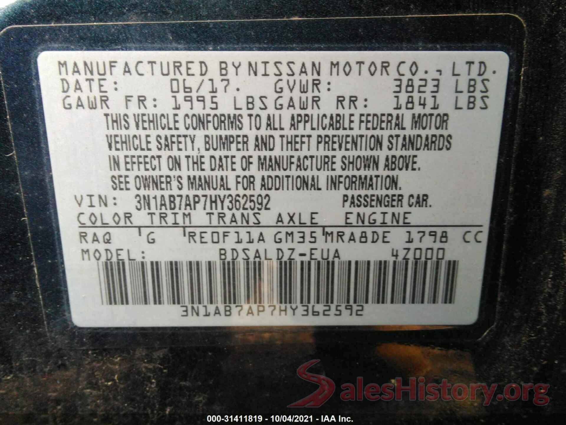 3N1AB7AP7HY362592 2017 NISSAN SENTRA