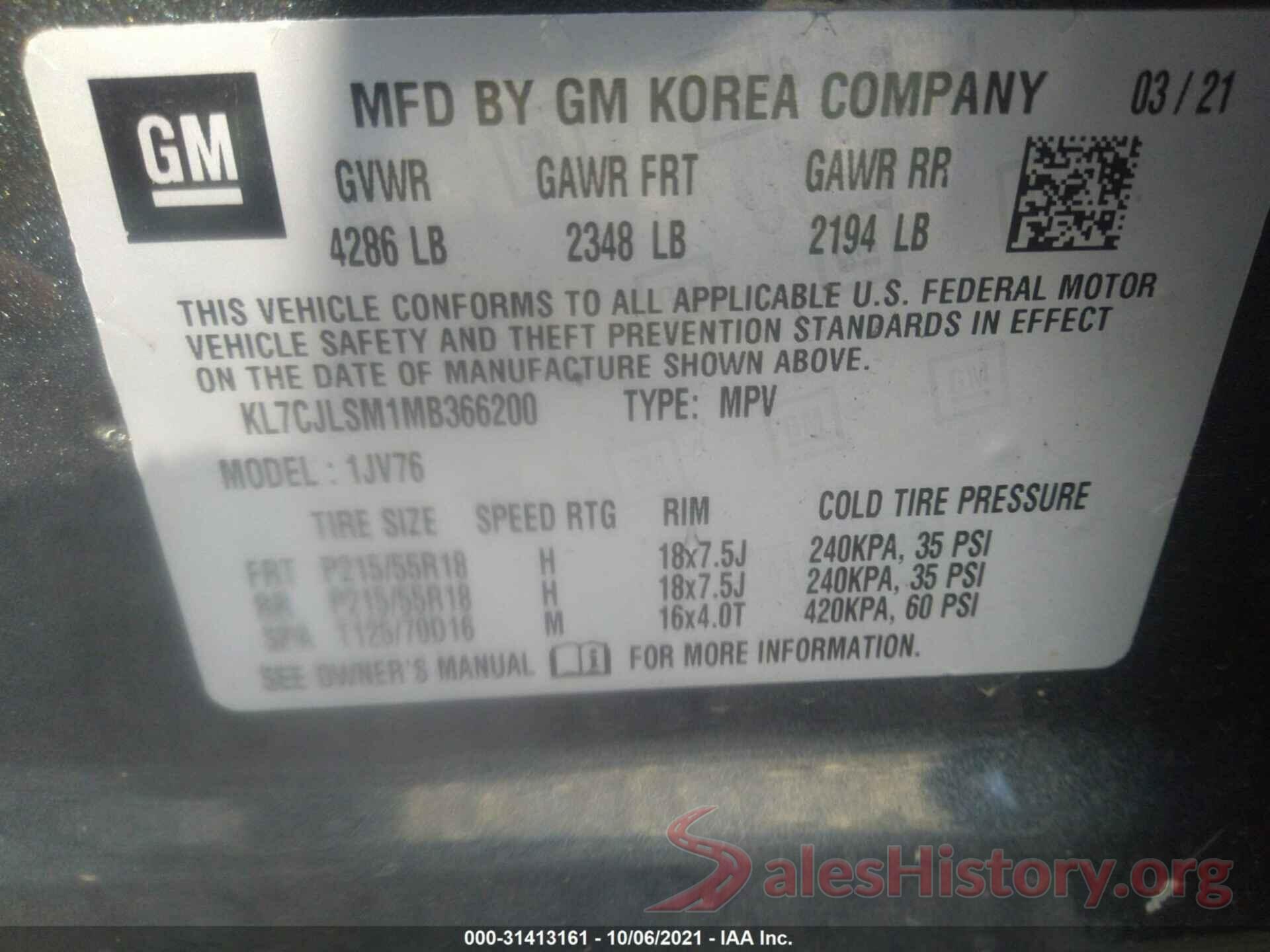 KL7CJLSM1MB366200 2021 CHEVROLET TRAX