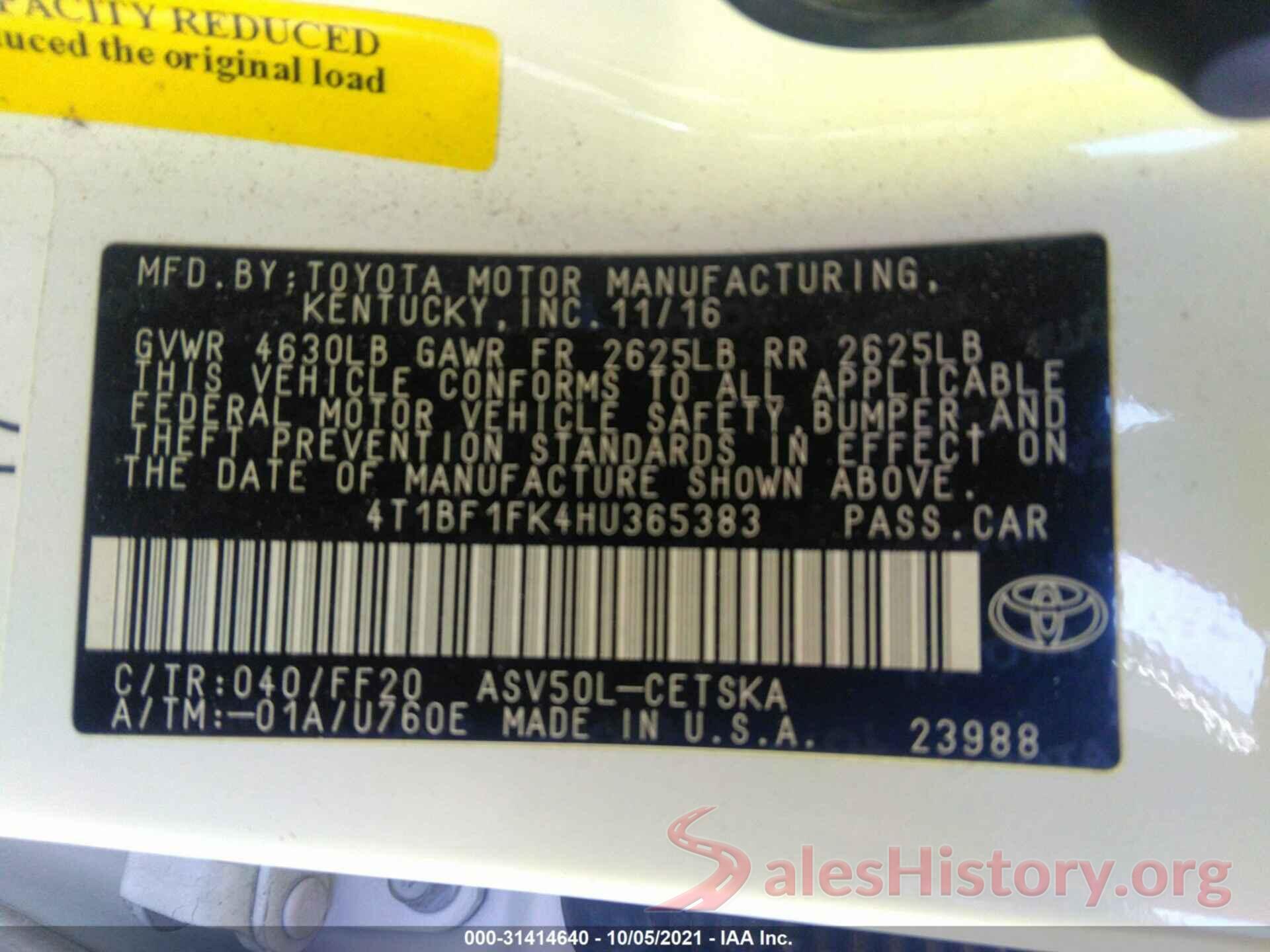 4T1BF1FK4HU365383 2017 TOYOTA CAMRY