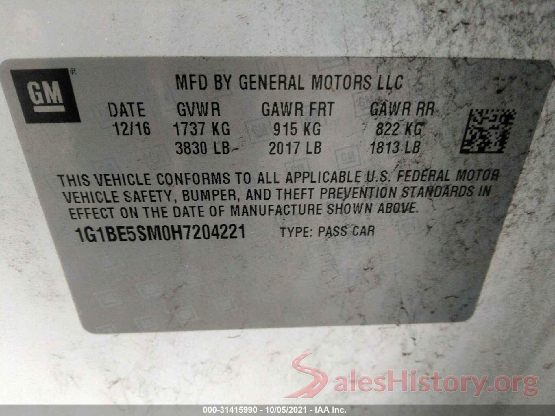 1G1BE5SM0H7204221 2017 CHEVROLET CRUZE