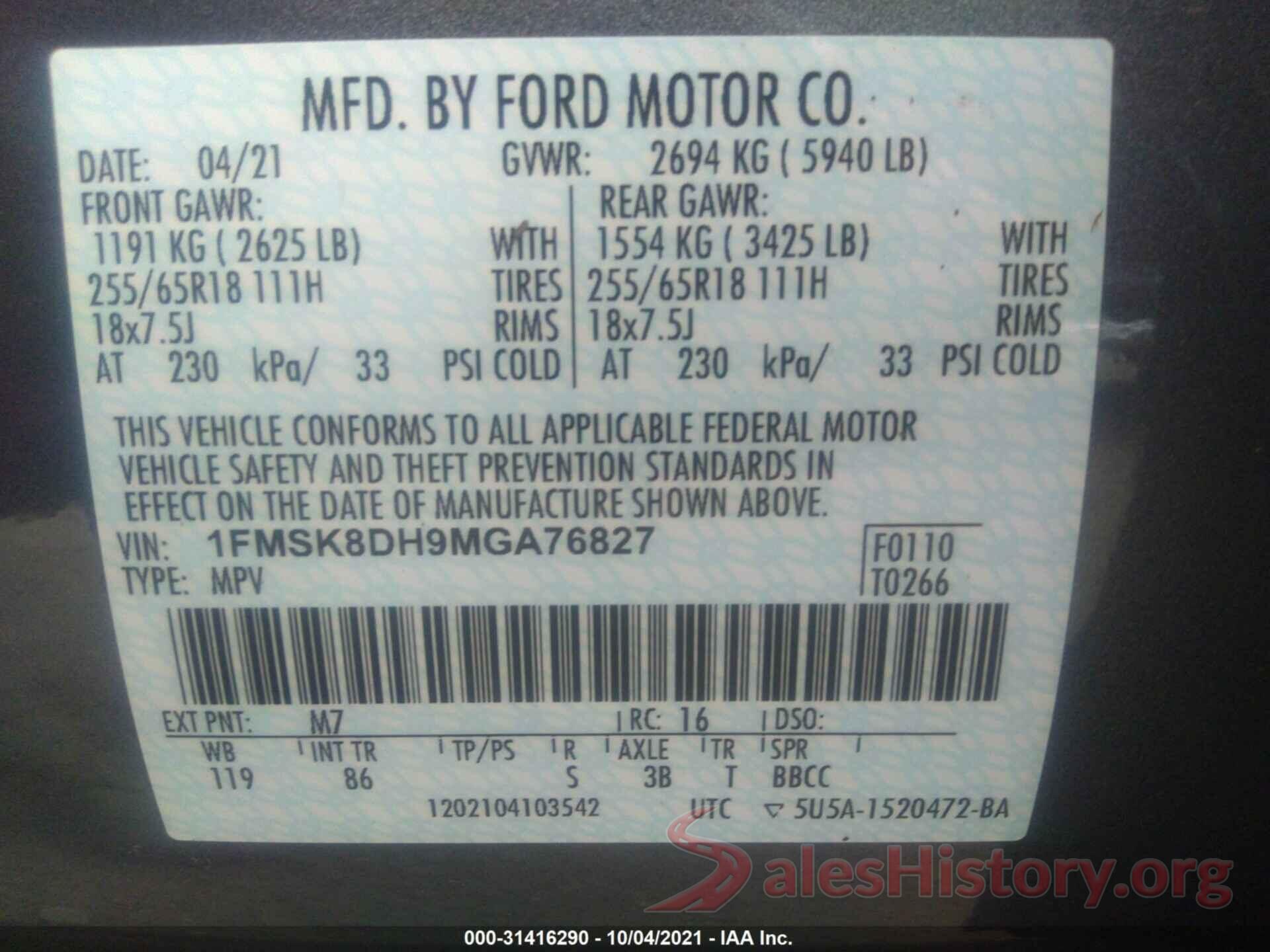 1FMSK8DH9MGA76827 2021 FORD EXPLORER