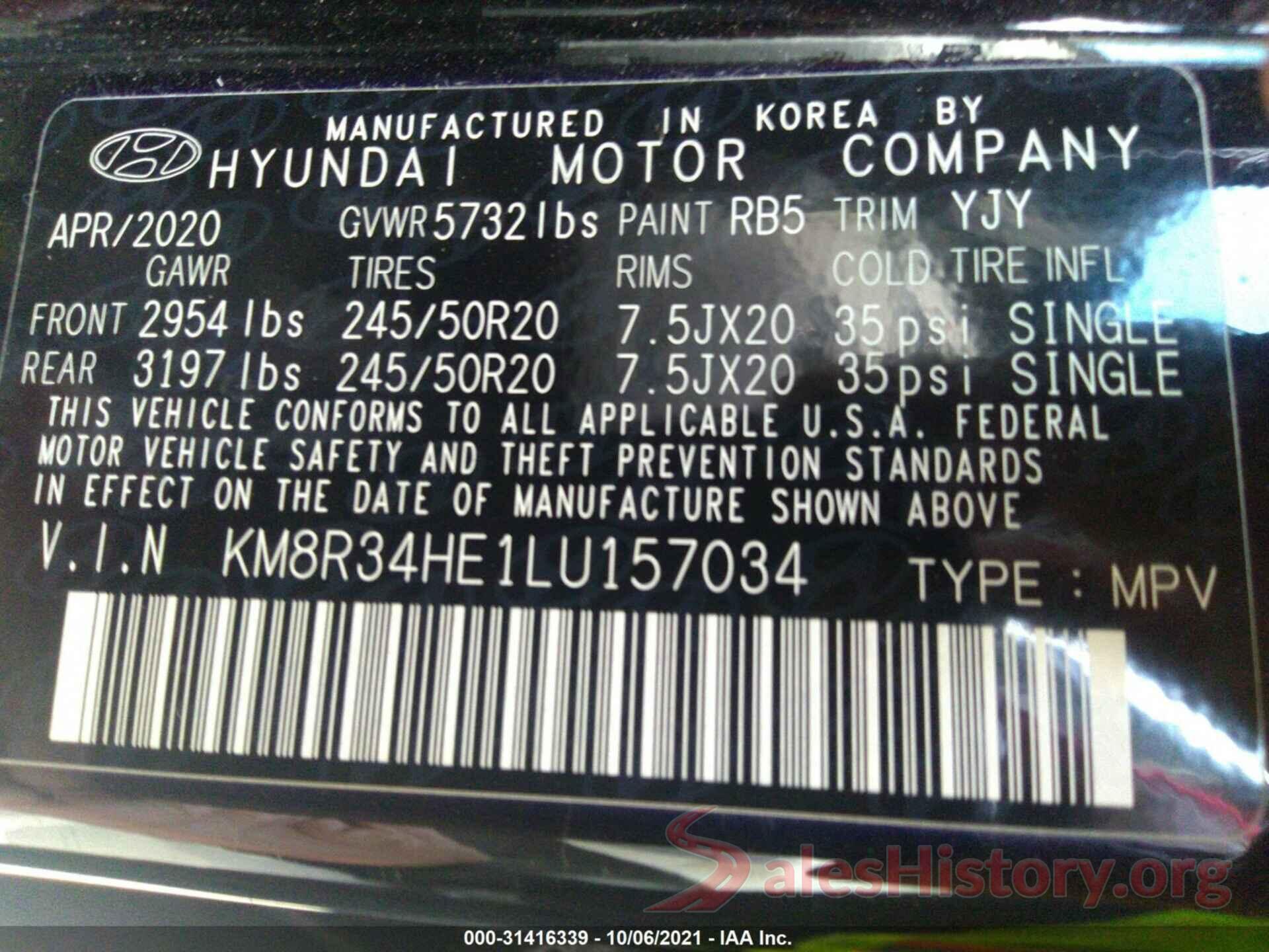 KM8R34HE1LU157034 2020 HYUNDAI PALISADE