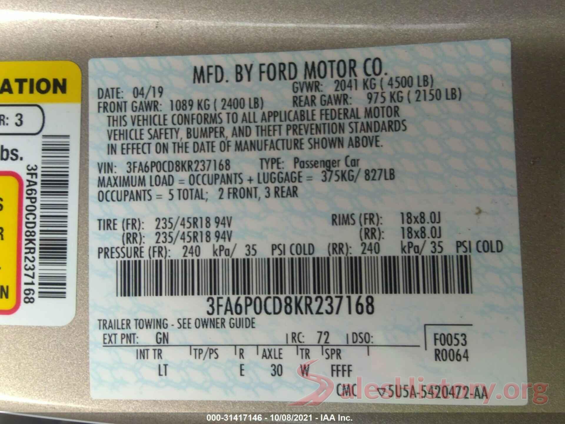 3FA6P0CD8KR237168 2019 FORD FUSION