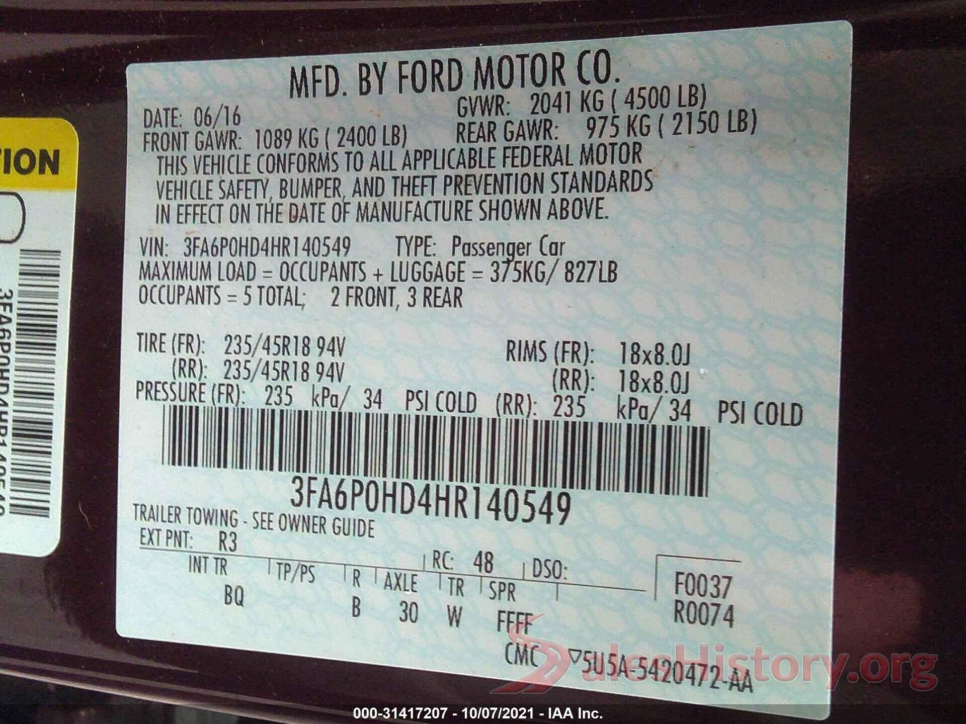 3FA6P0HD4HR140549 2017 FORD FUSION