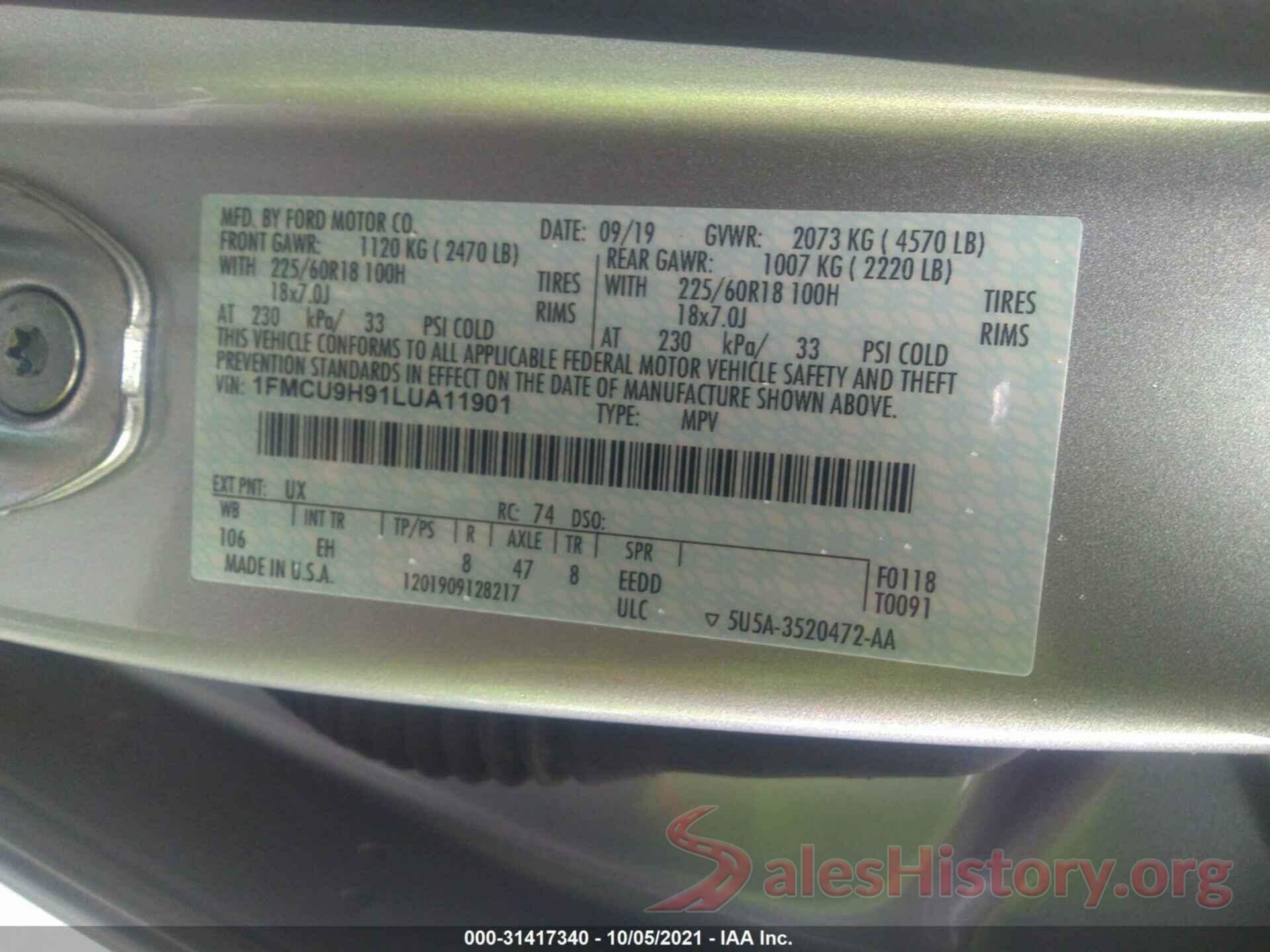 1FMCU9H91LUA11901 2020 FORD ESCAPE