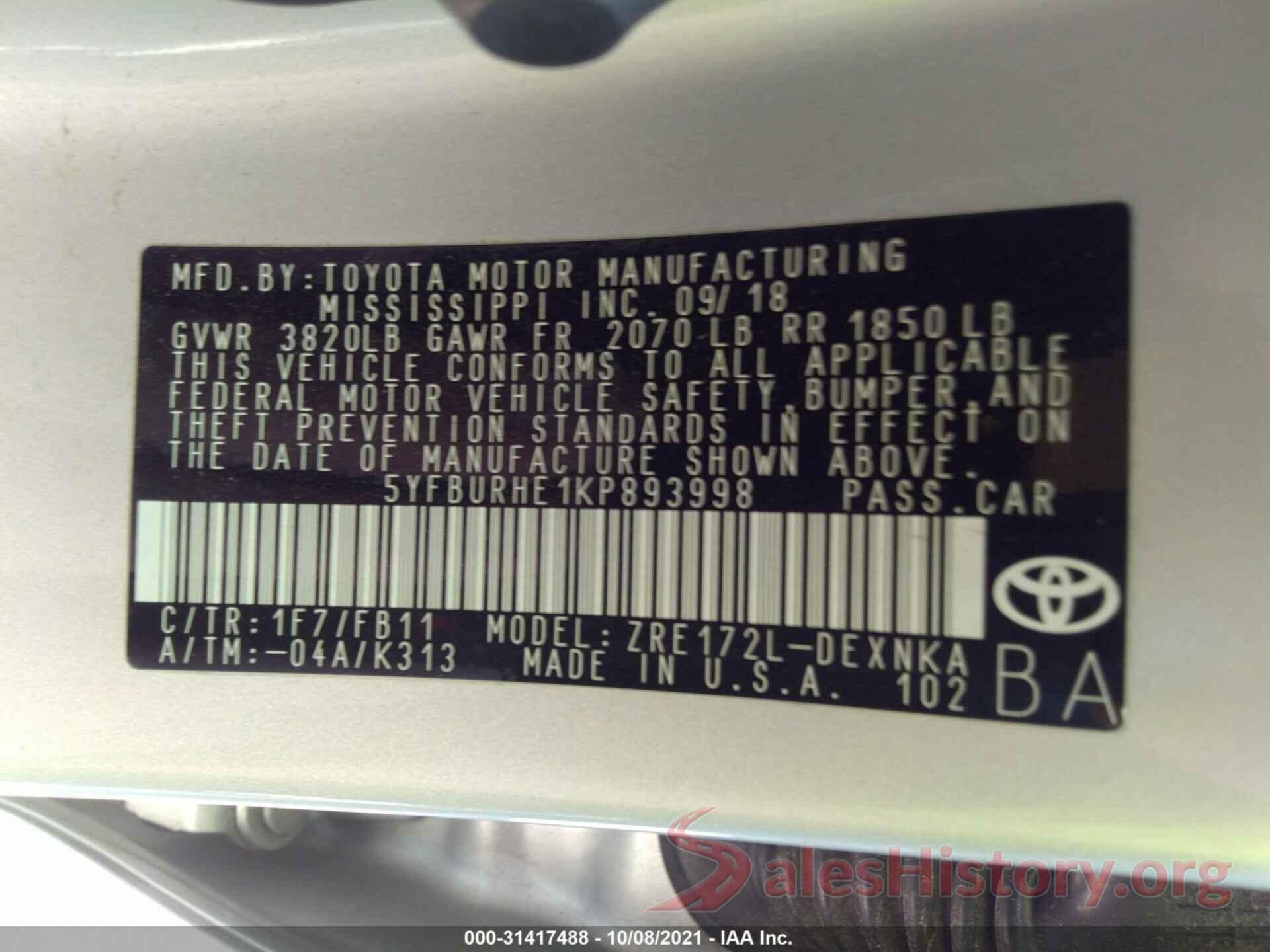 5YFBURHE1KP893998 2019 TOYOTA COROLLA