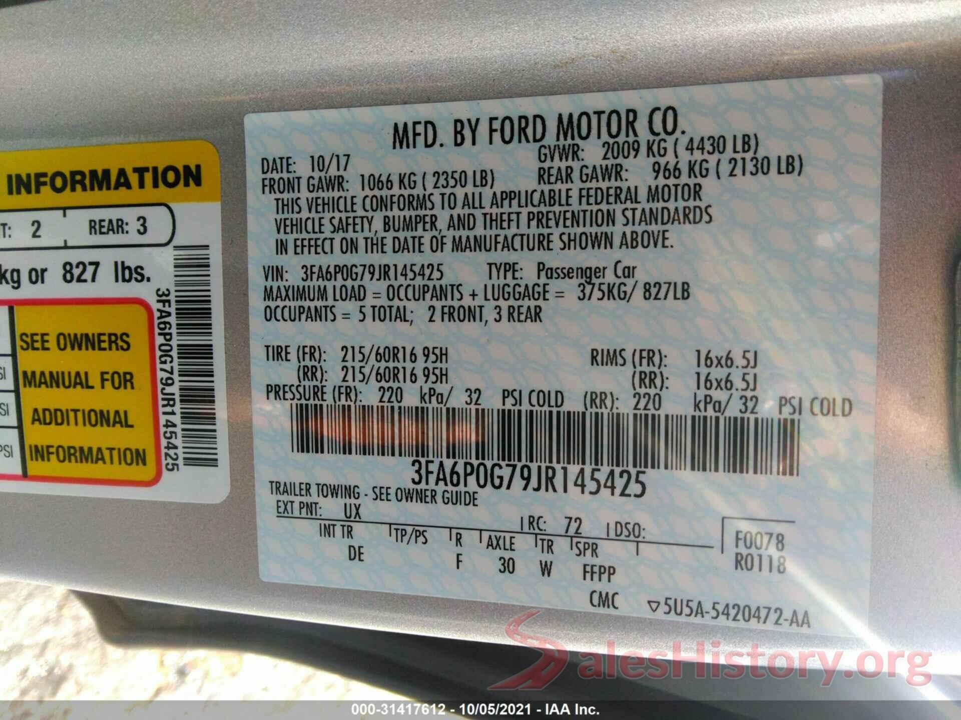 3FA6P0G79JR145425 2018 FORD FUSION