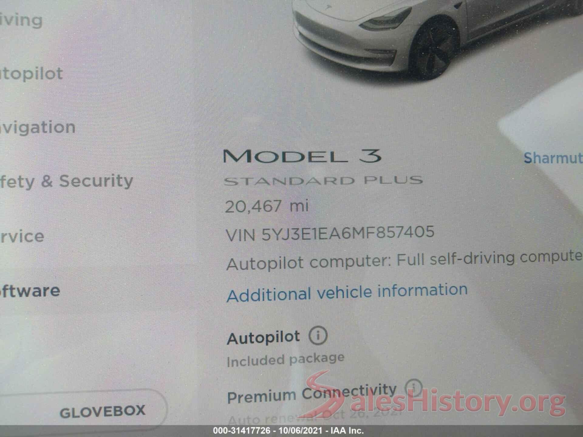 5YJ3E1EA6MF857405 2021 TESLA MODEL 3