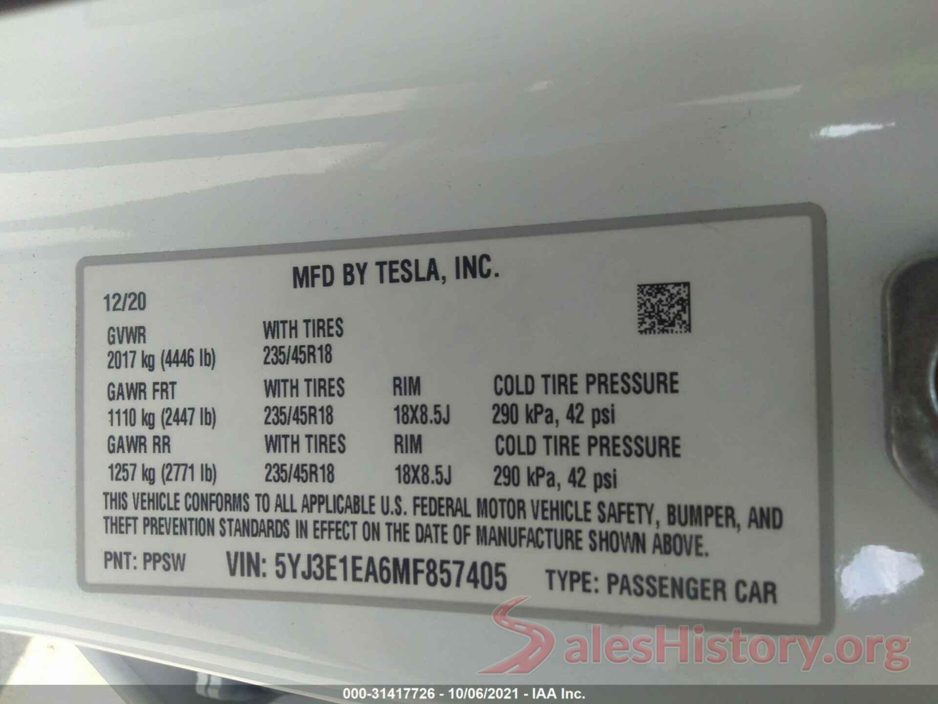 5YJ3E1EA6MF857405 2021 TESLA MODEL 3