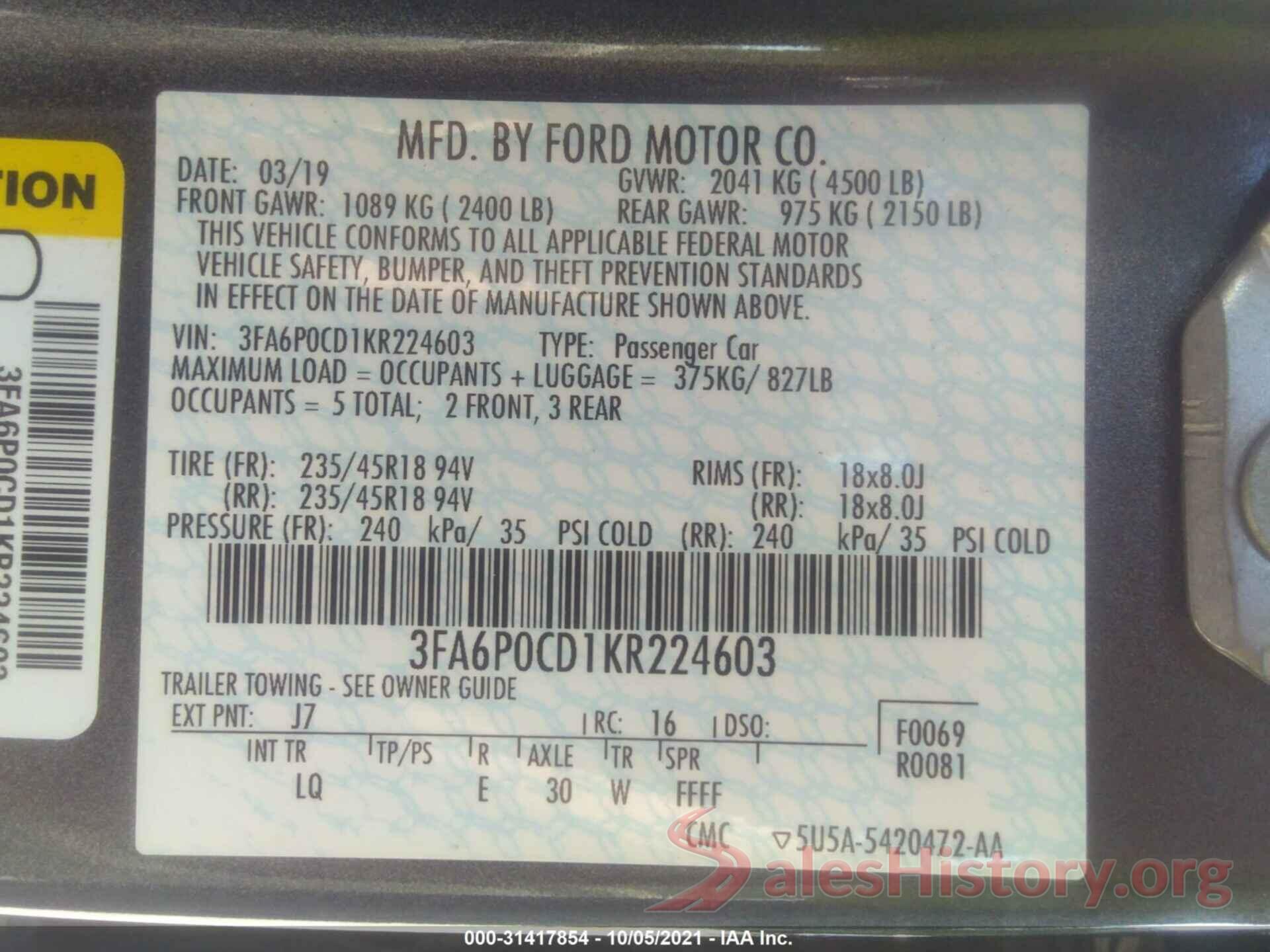 3FA6P0CD1KR224603 2019 FORD FUSION