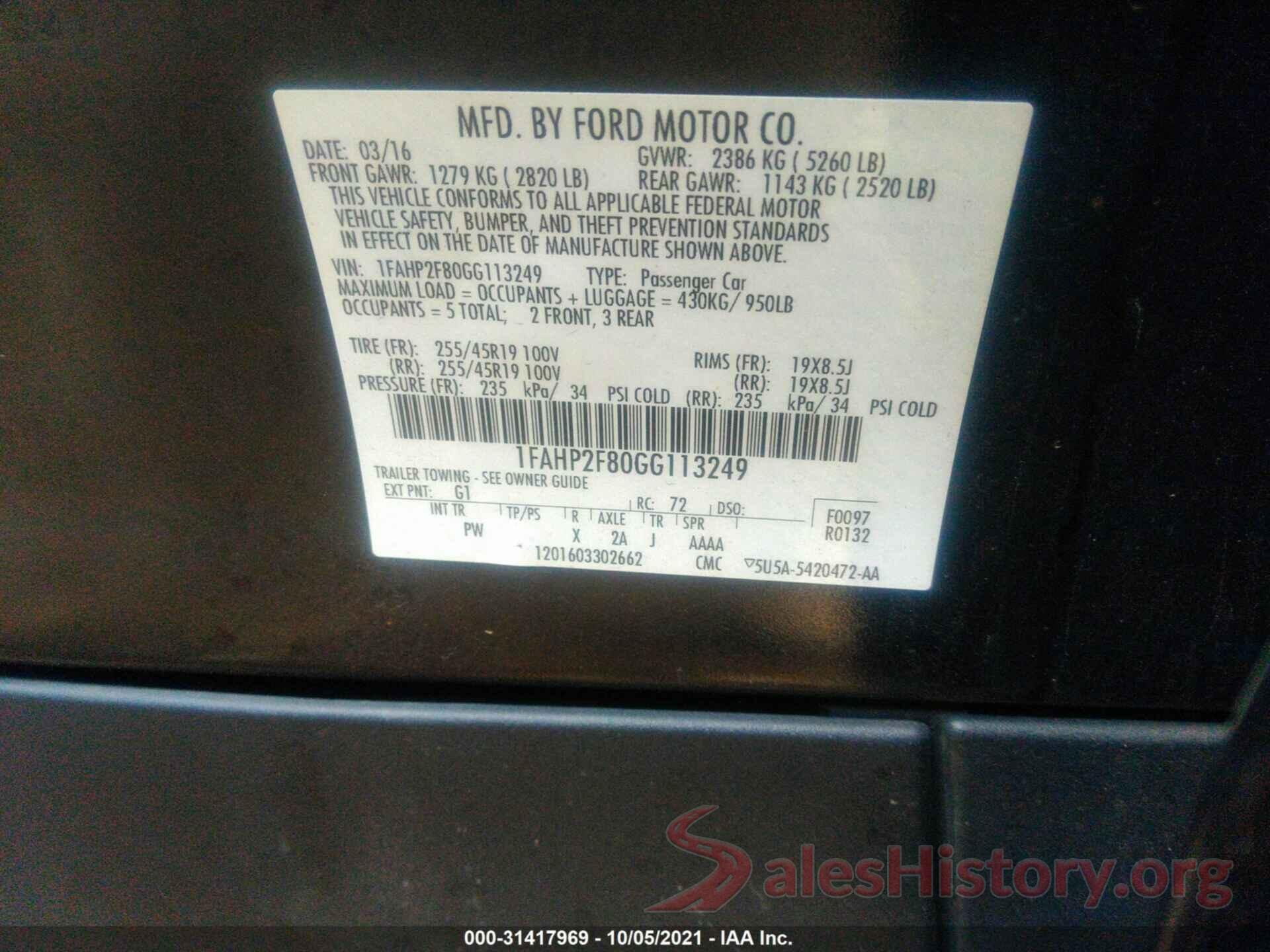 1FAHP2F80GG113249 2016 FORD TAURUS